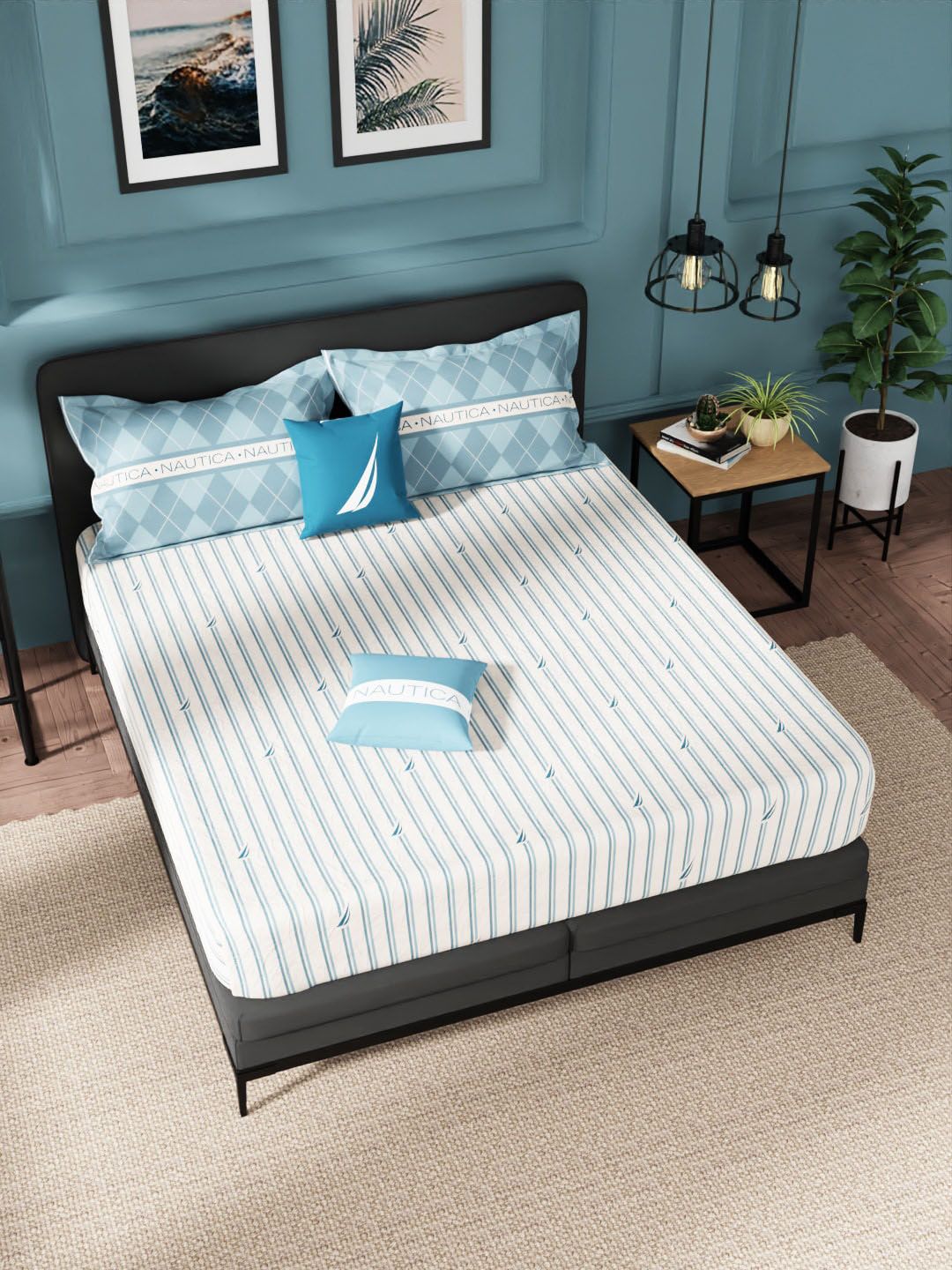 Nautica Blue & White Pure Cotton Striped 160 TC King Bedsheet with 2 Pillow Covers Price in India