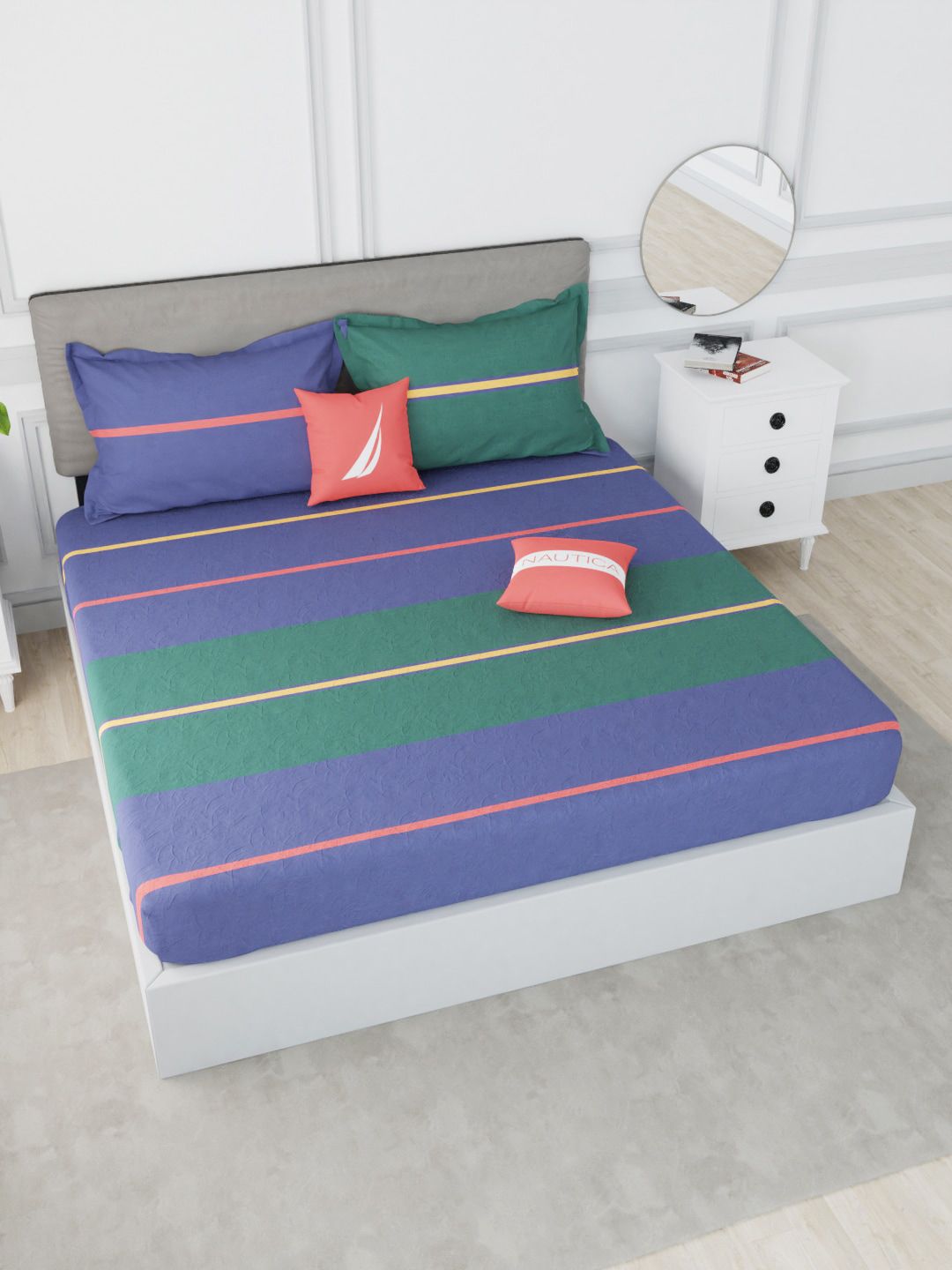 Nautica Multicoloured Striped 210 TC King Bedsheet With Elastic Corners & 2 Pillow Covers Price in India