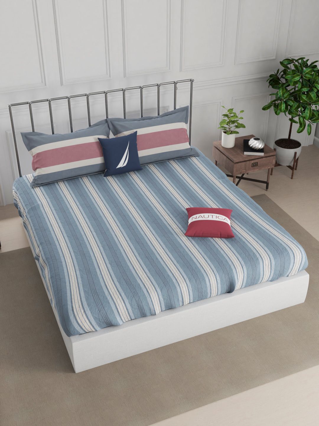 Nautica Blue & Red Striped 210 TC King Bedsheet with 2 Pillow Covers Price in India