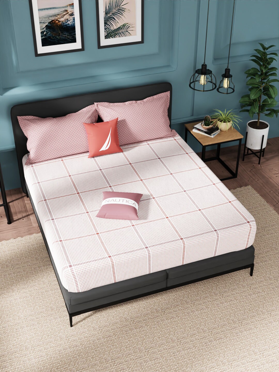 Nautica Off White & Pink Geometric 160 TC King Bedsheet with 2 Pillow Covers Price in India