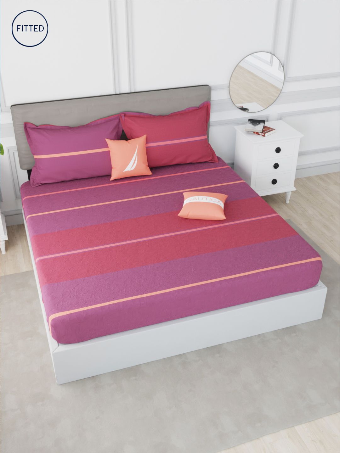 Nautica Red & Purple Striped 210 TC King Bedsheet with 2 Pillow Covers Price in India