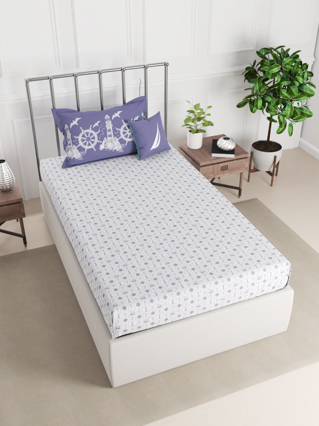 Nautica Purple & White Floral 210 TC Single Bedsheet with 2 Pillow Covers Price in India
