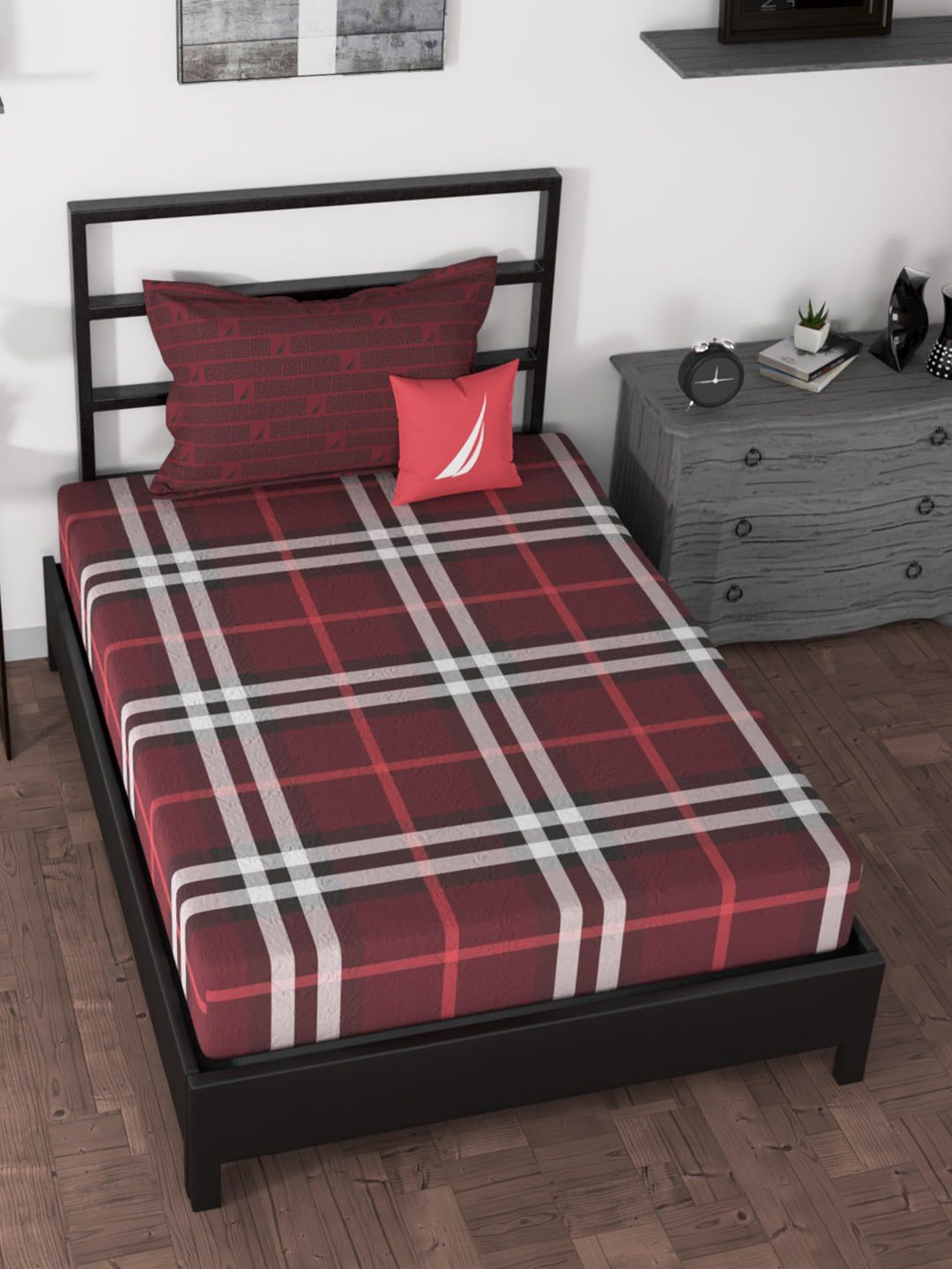 Nautica Red & White Geometric 160 TC Single Cotton Bedsheet with 2 Pillow Covers Price in India