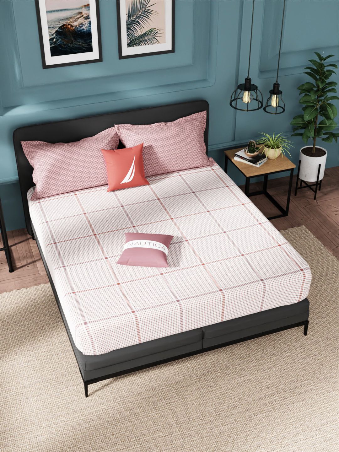 Nautica Pink & White Geometric 160 TC King Bedsheet with 2 Pillow Covers Price in India