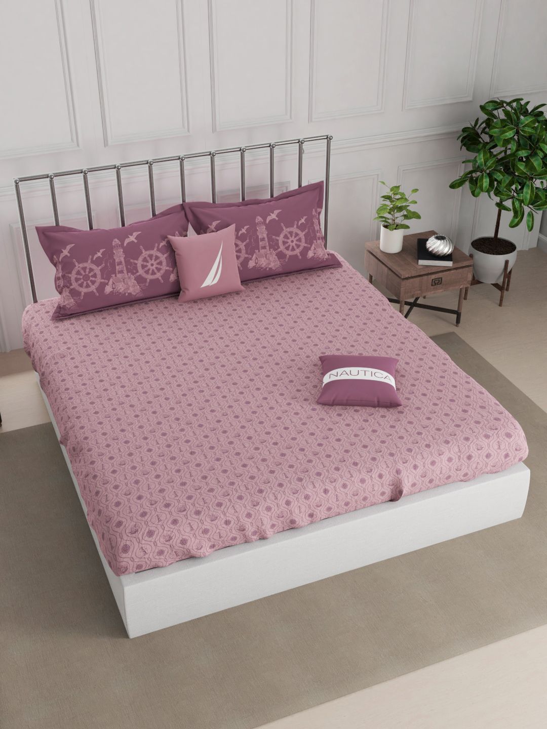 Nautica Pink & Purple 210 TC King Bedsheet with 2 Pillow Covers Price in India