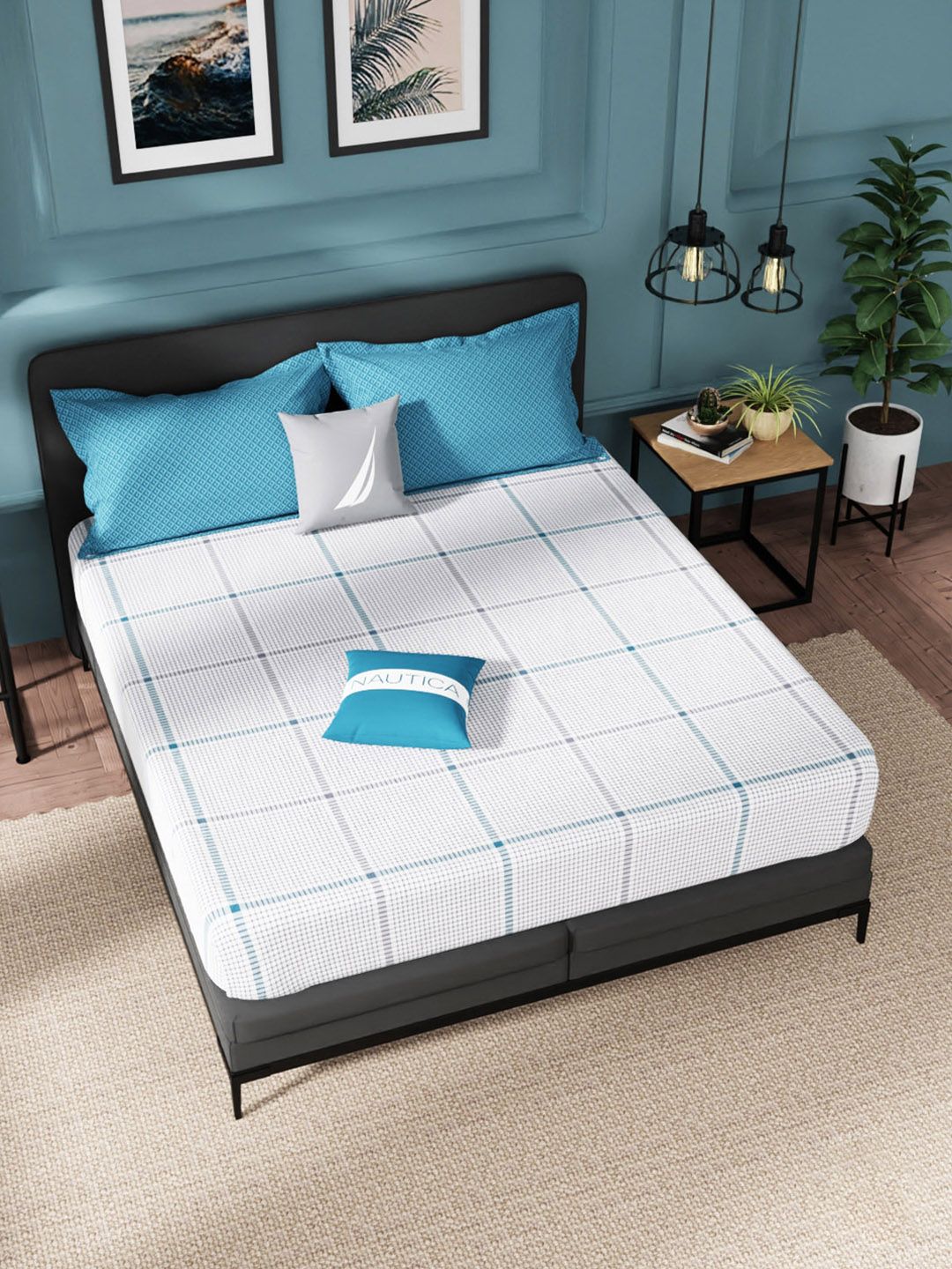 Nautica Grey & Blue Geometric 160 TC King Bedsheet Cotton Fitted  With 2 Pillow Covers Price in India