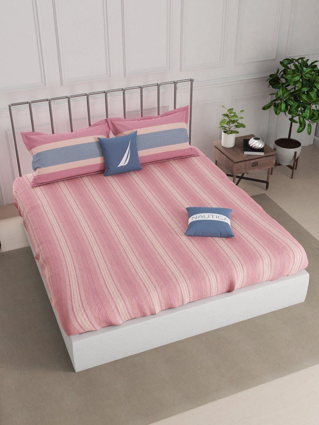 Nautica Peach & Blue Pure Cotton Striped 210 TC King Bedsheet with 2 Pillow Covers Price in India