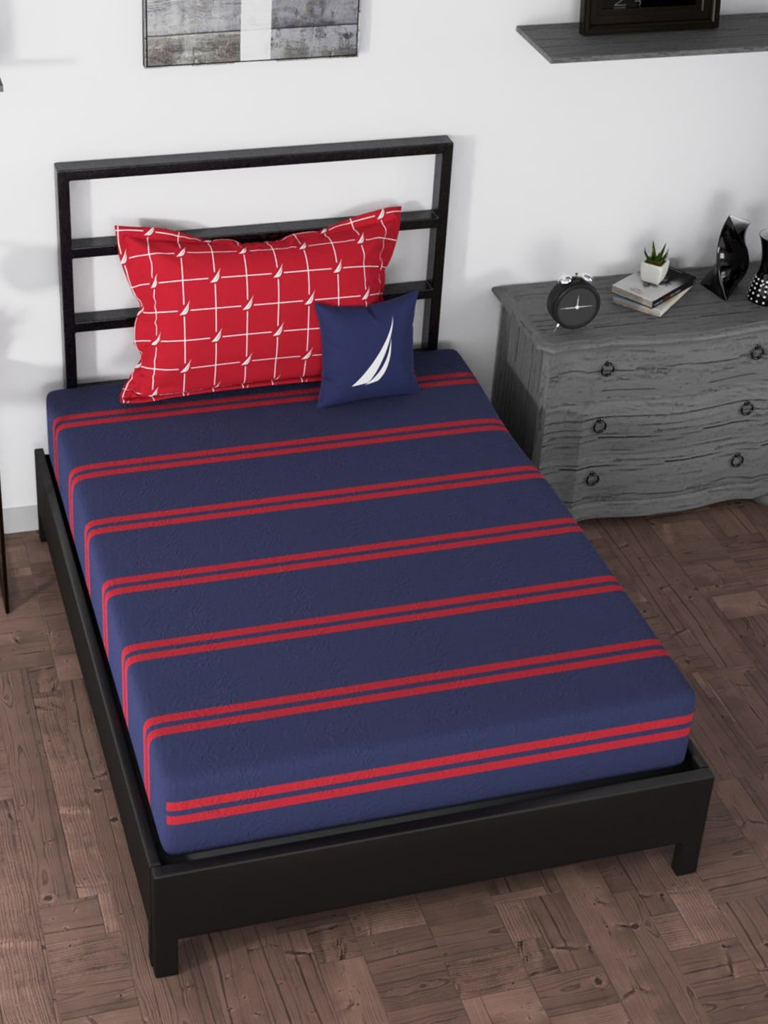Nautica Blue & Red Striped 160 TC Single Bedsheet with 2 Pillow Covers Price in India
