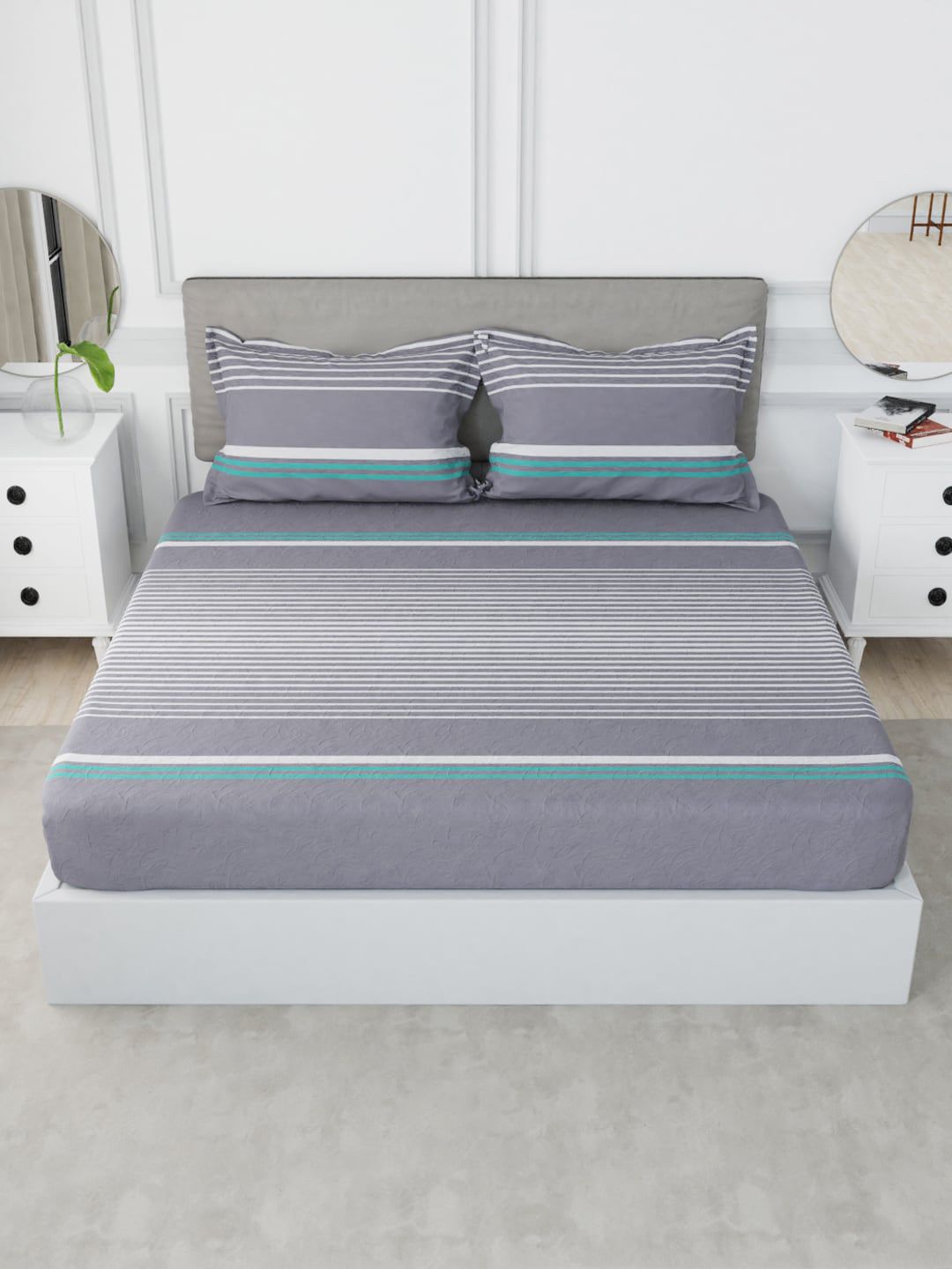Nautica Grey & Off White Striped 210 TC King Fitted Bedsheet with 2 Pillow Covers Price in India