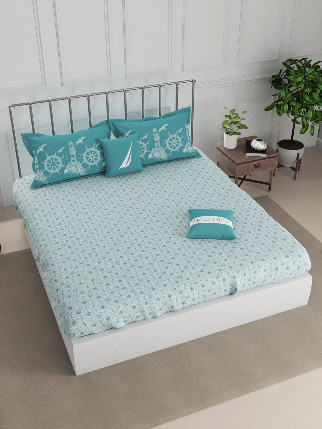 Nautica Turquoise Blue & Off White Graphic 210 TC King Bedsheet with 2 Pillow Covers Price in India