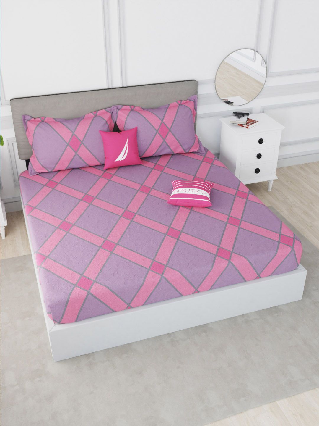 Nautica Peach-Coloured & Purple Geometric 210 TC King Bedsheet with 2 Pillow Covers Price in India