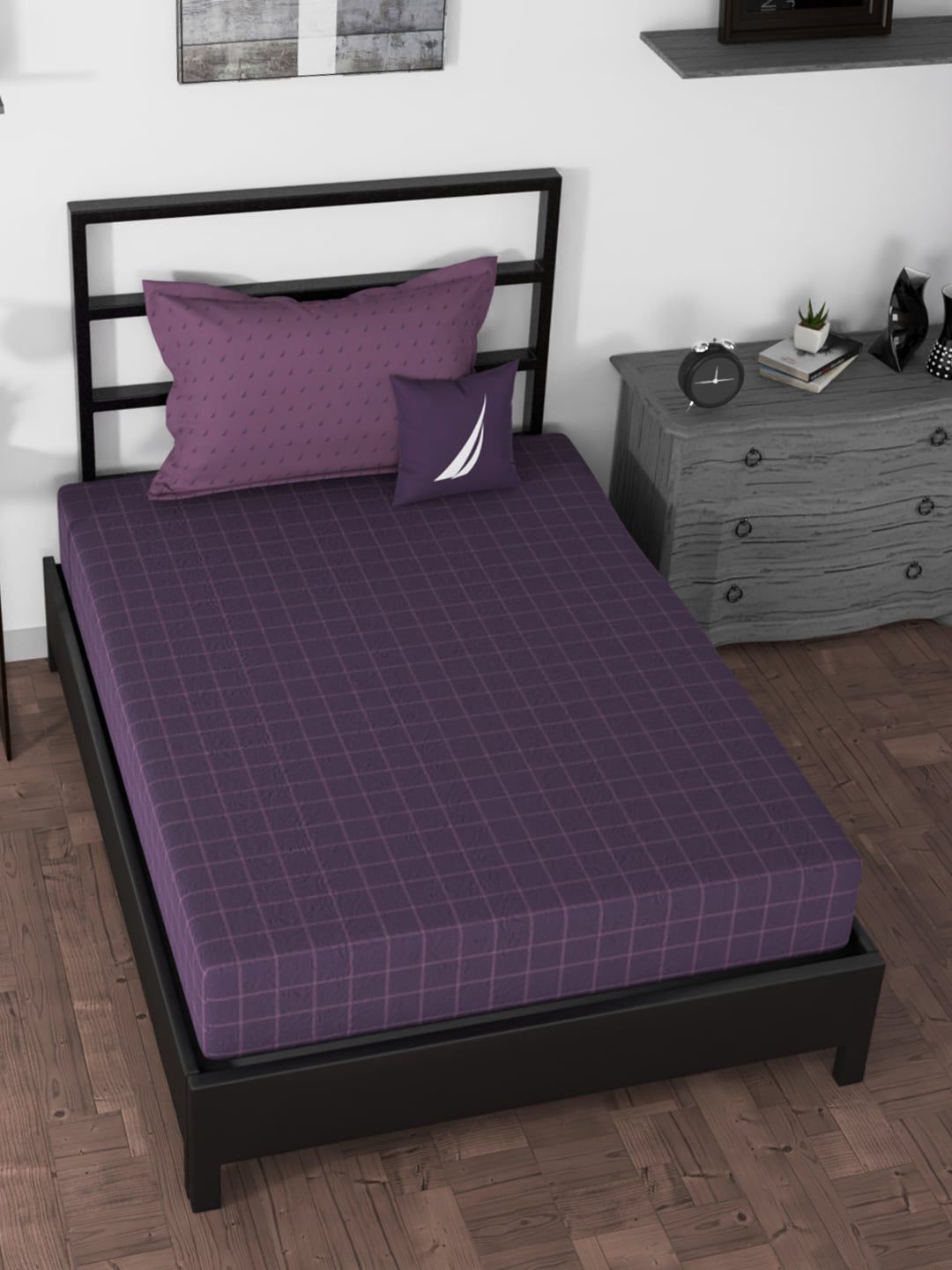 Nautica Purple Geometric 160 TC Single Bedsheet with Pillow Cover Price in India