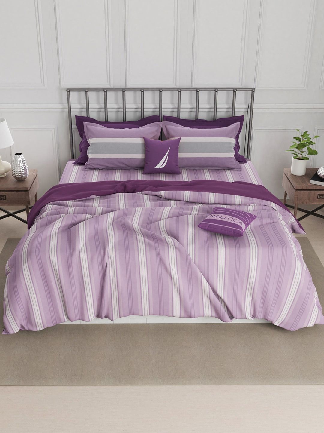 Nautica Purple & White Striped 210 TC King Bedsheet with 2 Pillow Covers Price in India