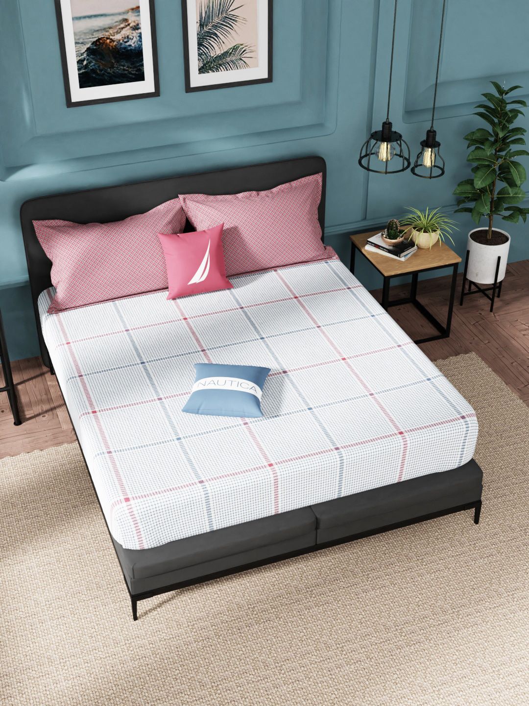 Nautica  White & Pink Geometric 160 TC King Bedsheet with 2 Pillow Covers Price in India
