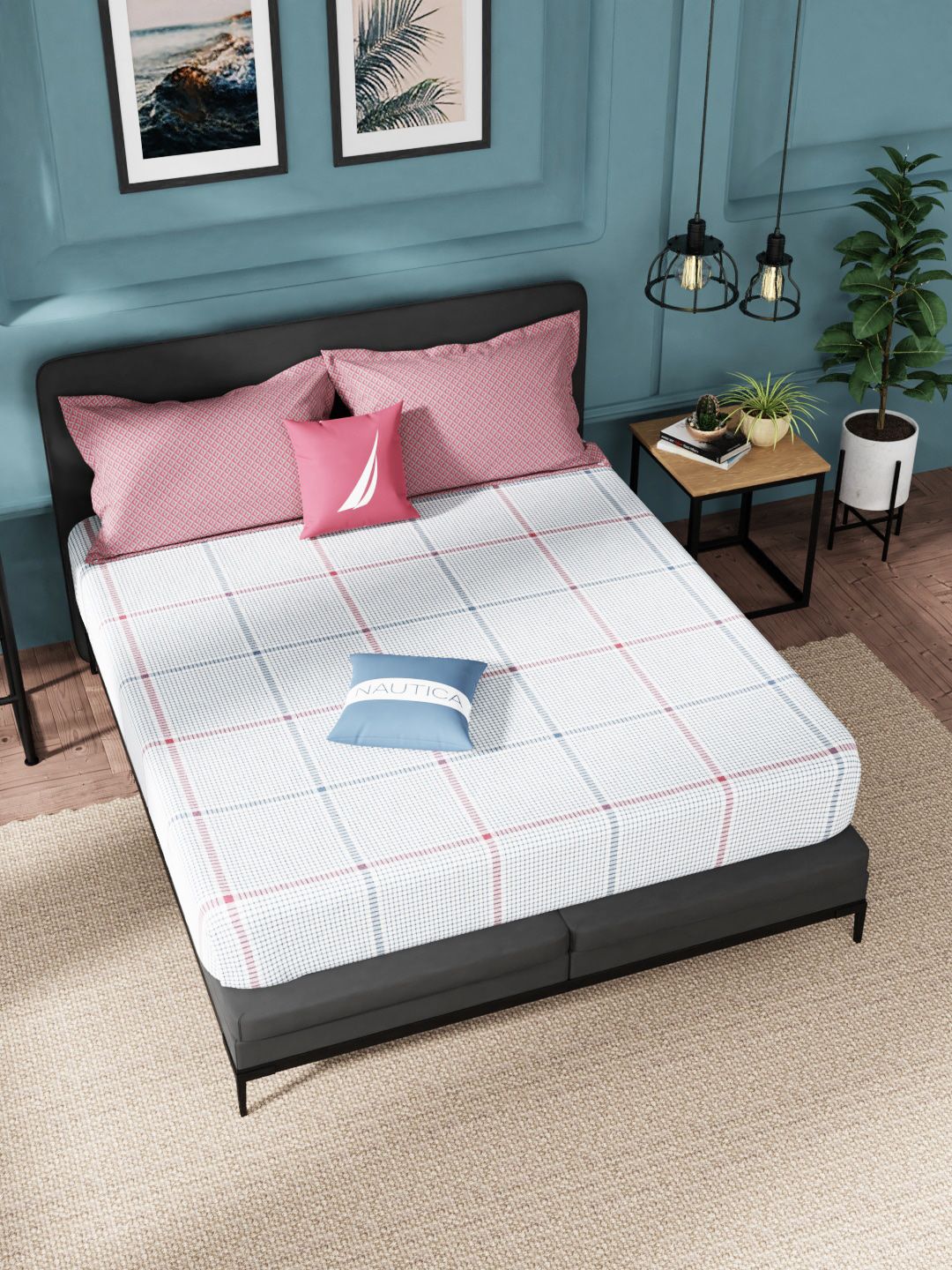 Nautica Off White & Pink Geometric 160 TC King Bedsheet with 2 Pillow Covers Price in India