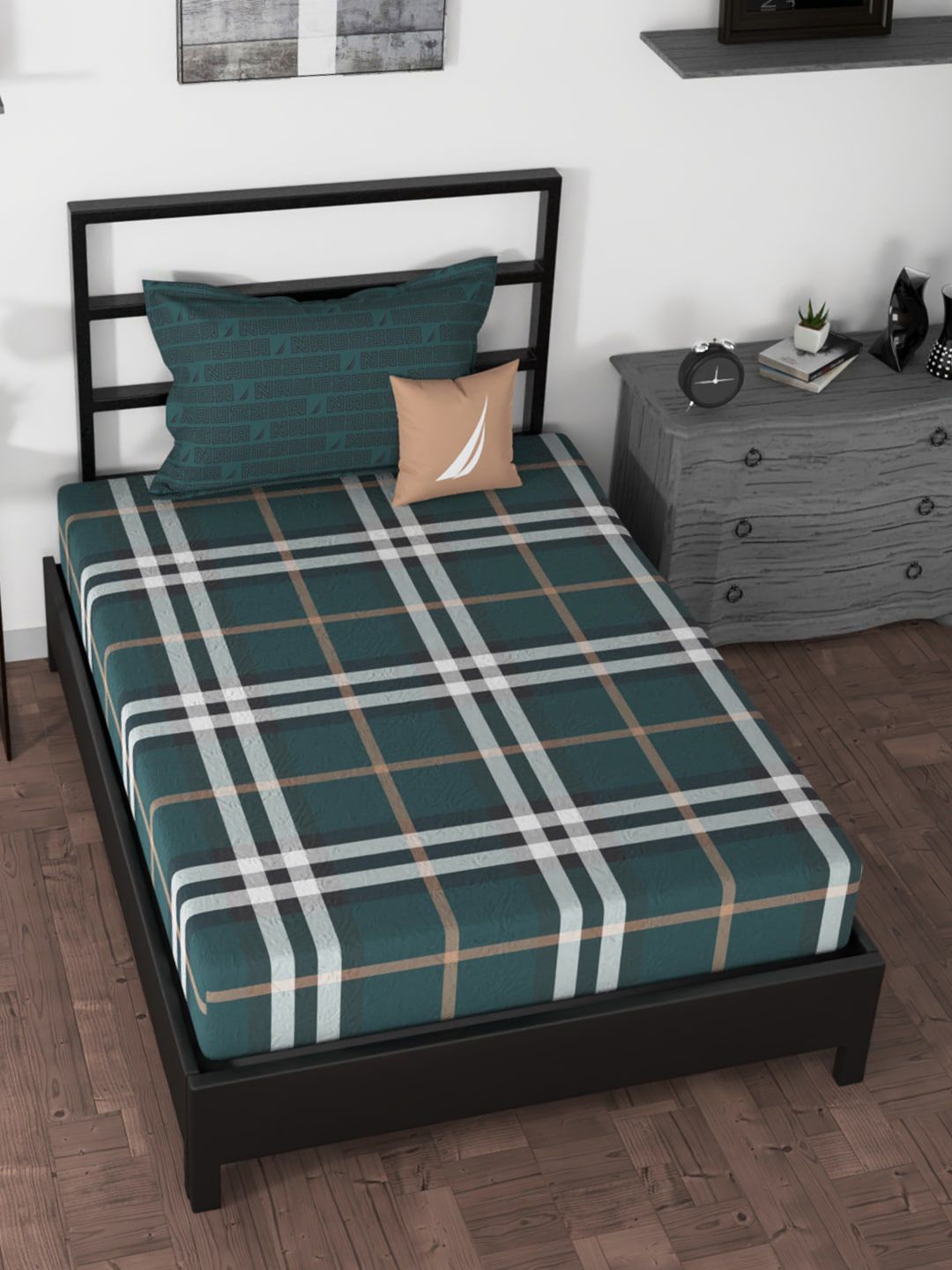 Nautica Green & White Geometric 160 TC Single Bedsheet with 1 Pillow Covers Price in India