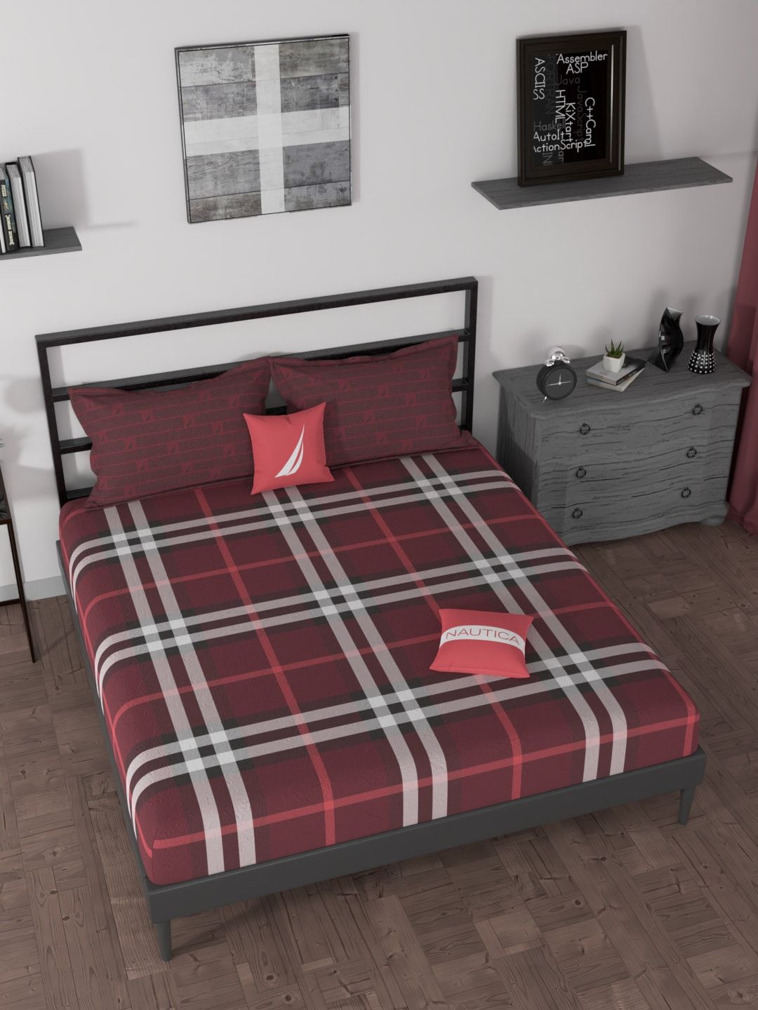 Nautica Red & White Geometric 160 TC King Bedsheet with 2 Pillow Covers Price in India