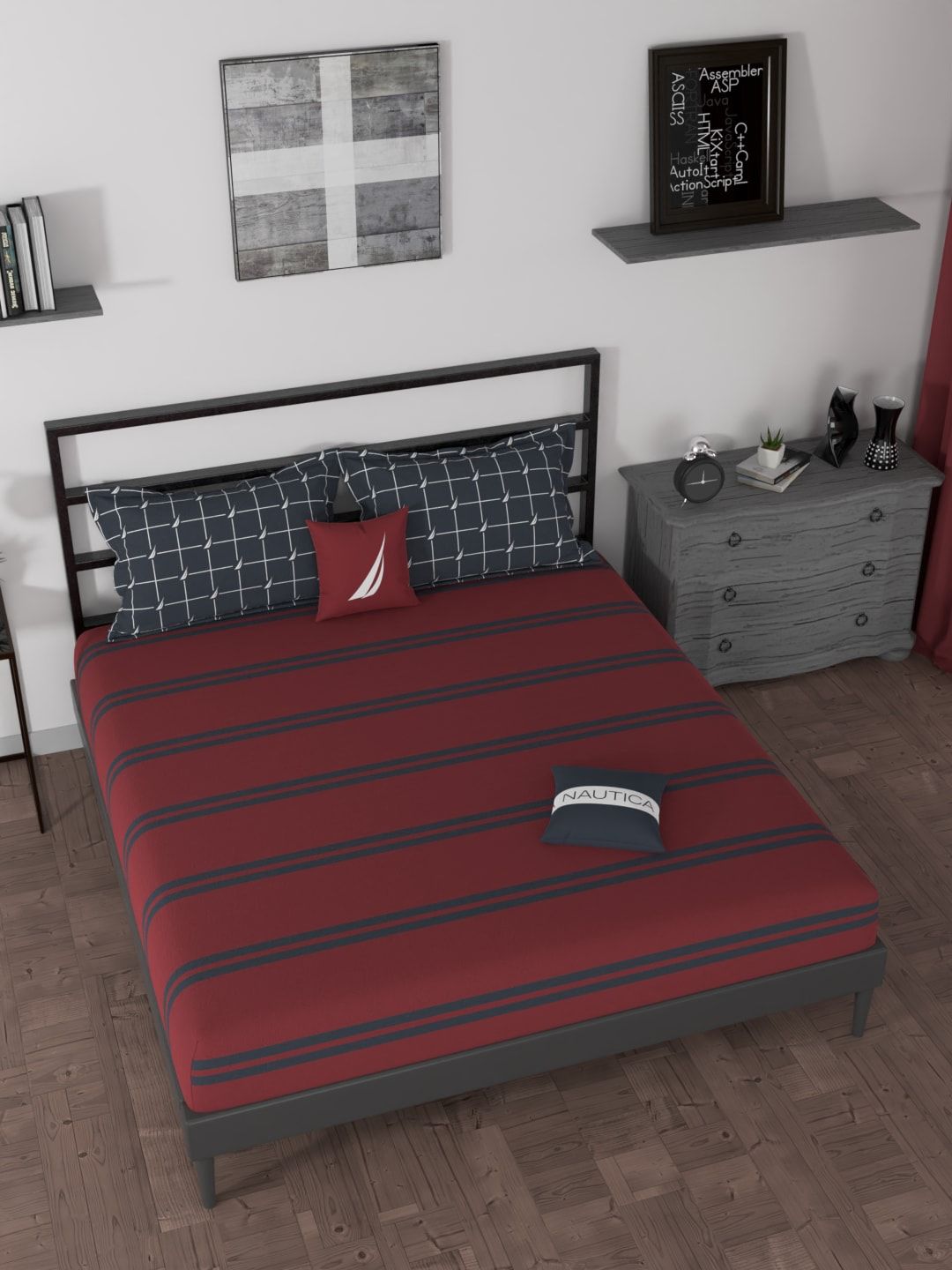 Nautica Red & Blue Striped 160 TC King Bedsheet with 2 Pillow Covers Price in India