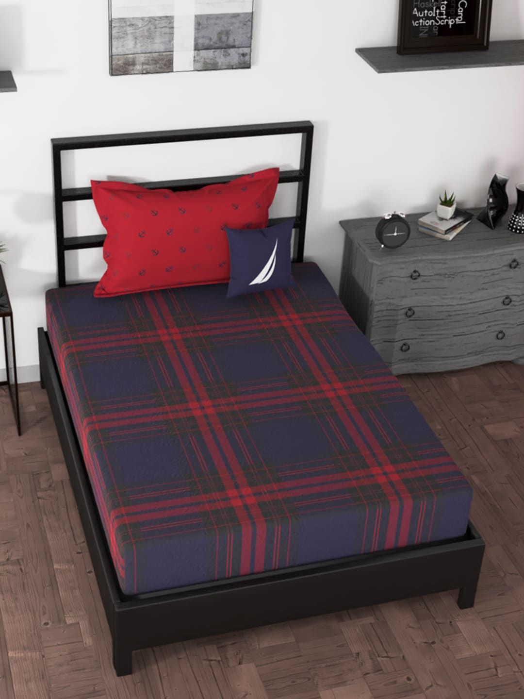 Nautica Blue & Red Geometric 160 TC Single Bedsheet with 2 Pillow Covers Price in India