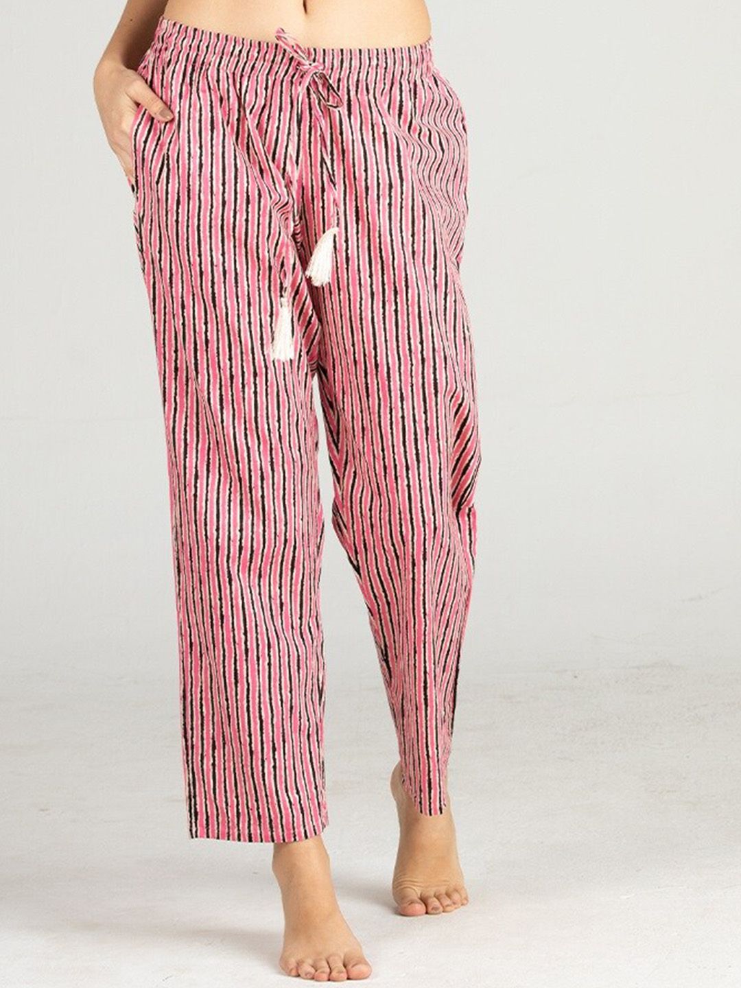 evolove Women Pink Striped Cotton Lounge Pants Price in India