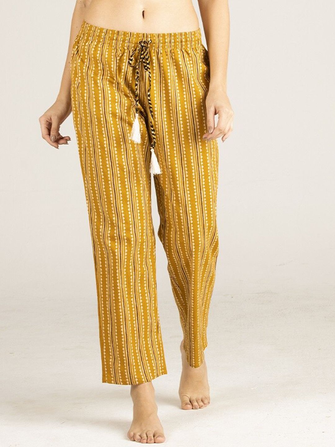 evolove Women Yellow Striped Cotton Lounge Pants Price in India