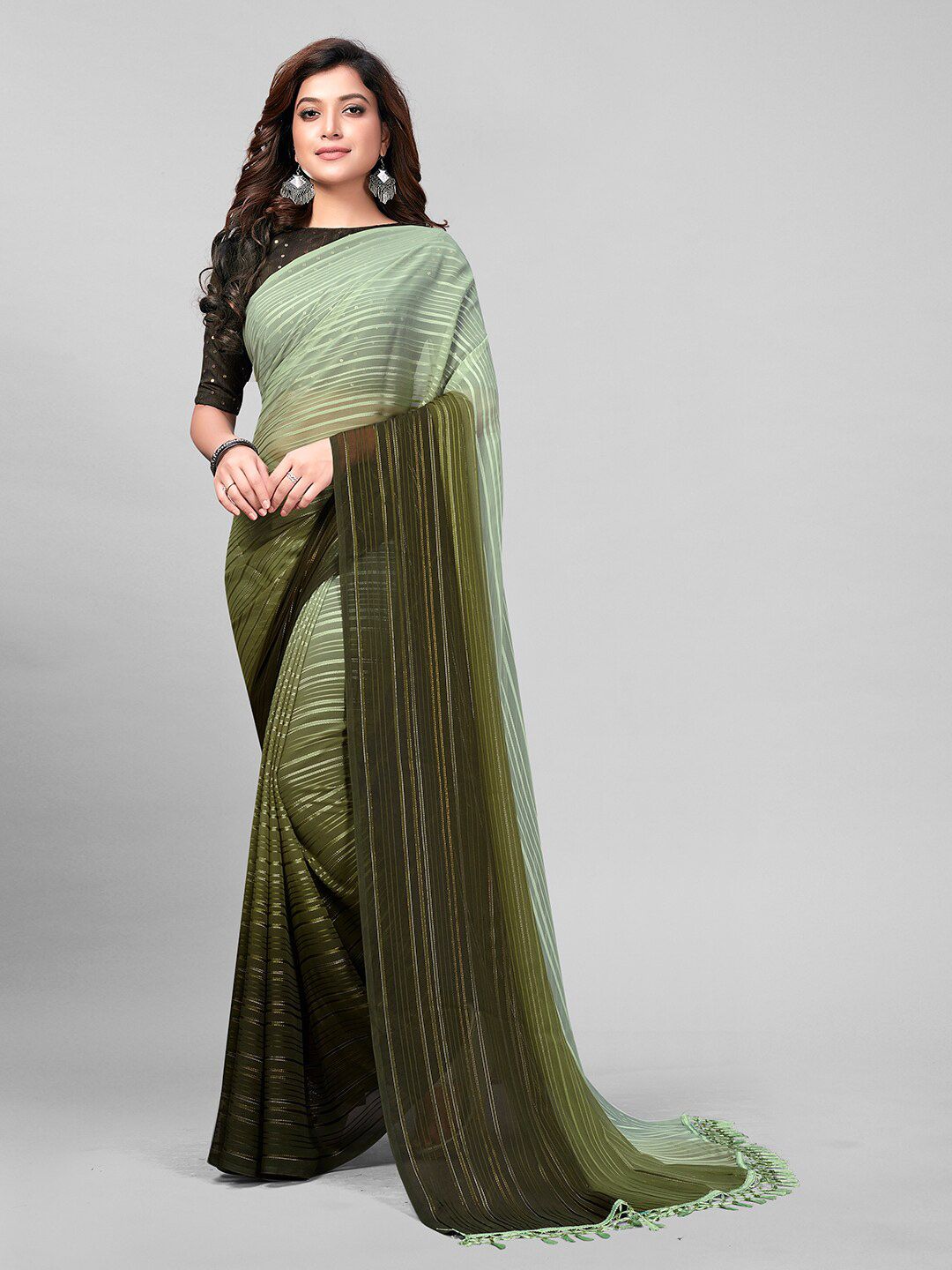 Granthva Fab Olive Green Striped Sequinned Art Silk Saree Price in India