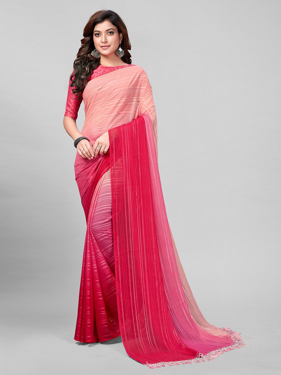 Granthva Fab Women Peach Striped Art Silk Saree Price in India