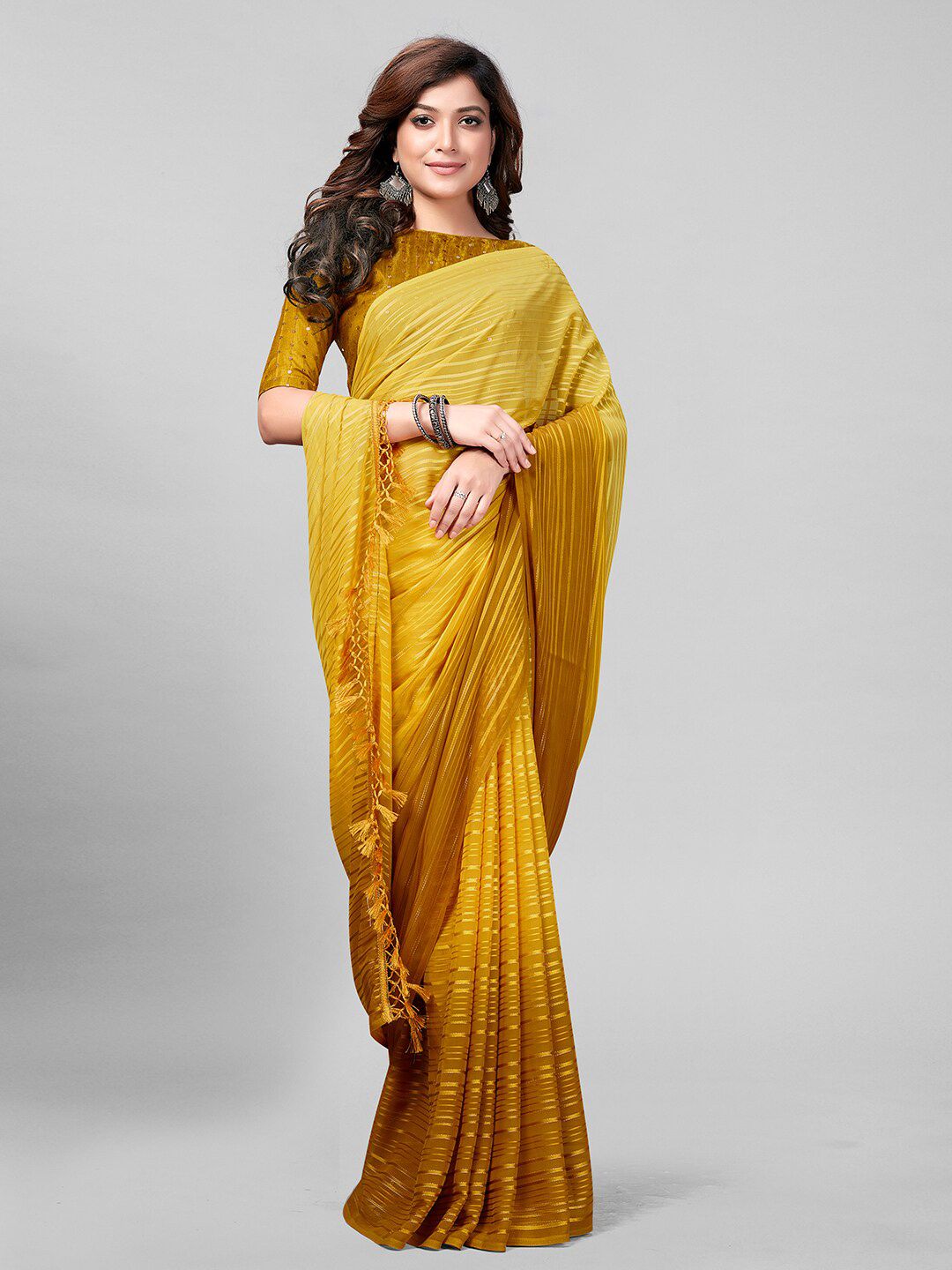 Granthva Fab Yellow & Brown Striped Sequinned Art Silk Saree Price in India