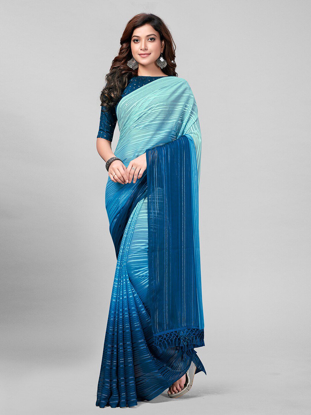 Granthva Fab Blue Ombre Sequinned Art Silk Saree Price in India