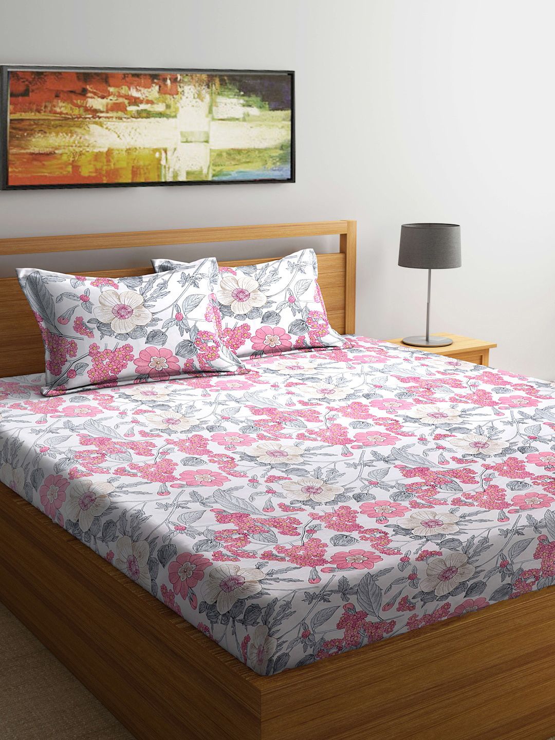 TAG 7 White & Pink Floral 210 TC King Bedsheet with 2 Pillow Covers Price in India