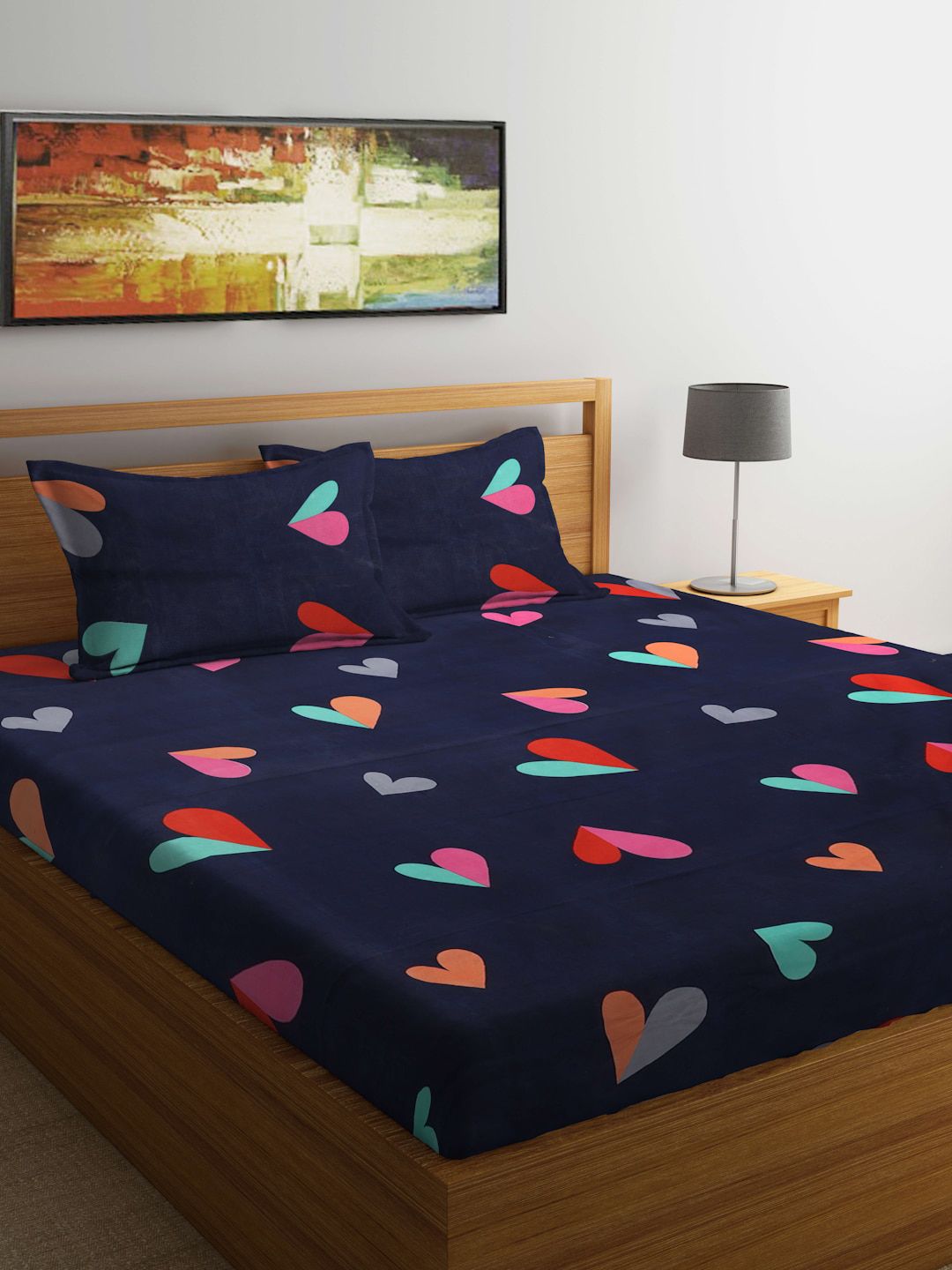 TAG 7 Navy Blue & Green Conversational 210 TC King Bedsheet with 2 Pillow Covers Price in India