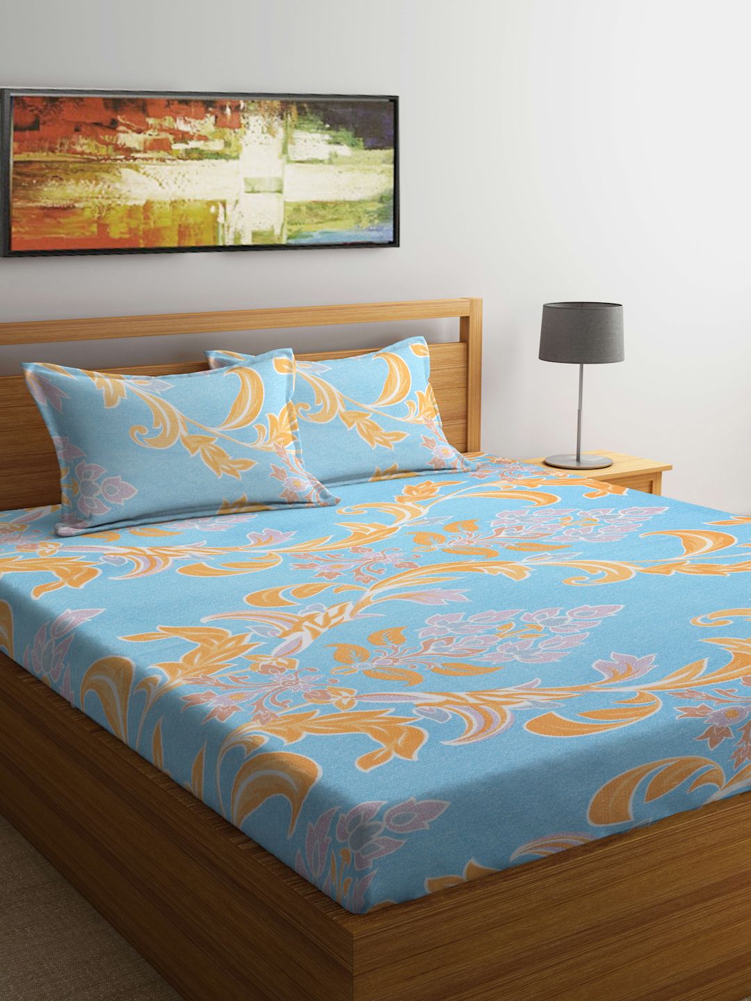 TAG 7 Teal & Orange Ethnic Motifs 210 TC King Bedsheet with 2 Pillow Covers Price in India