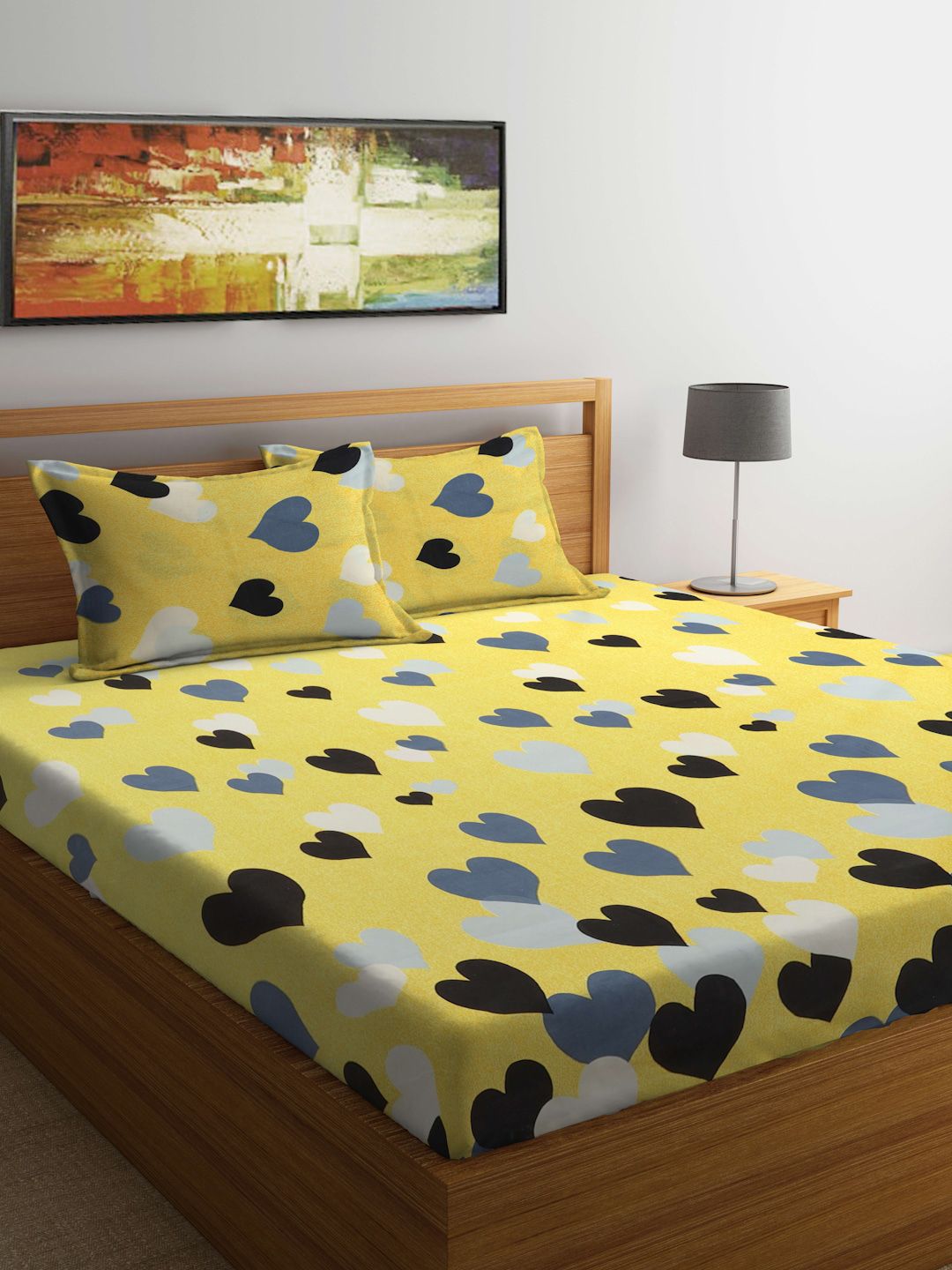 TAG 7 Yellow & Black Conversational Cotton 210 TC King Bedsheet with 2 Pillow Covers Price in India