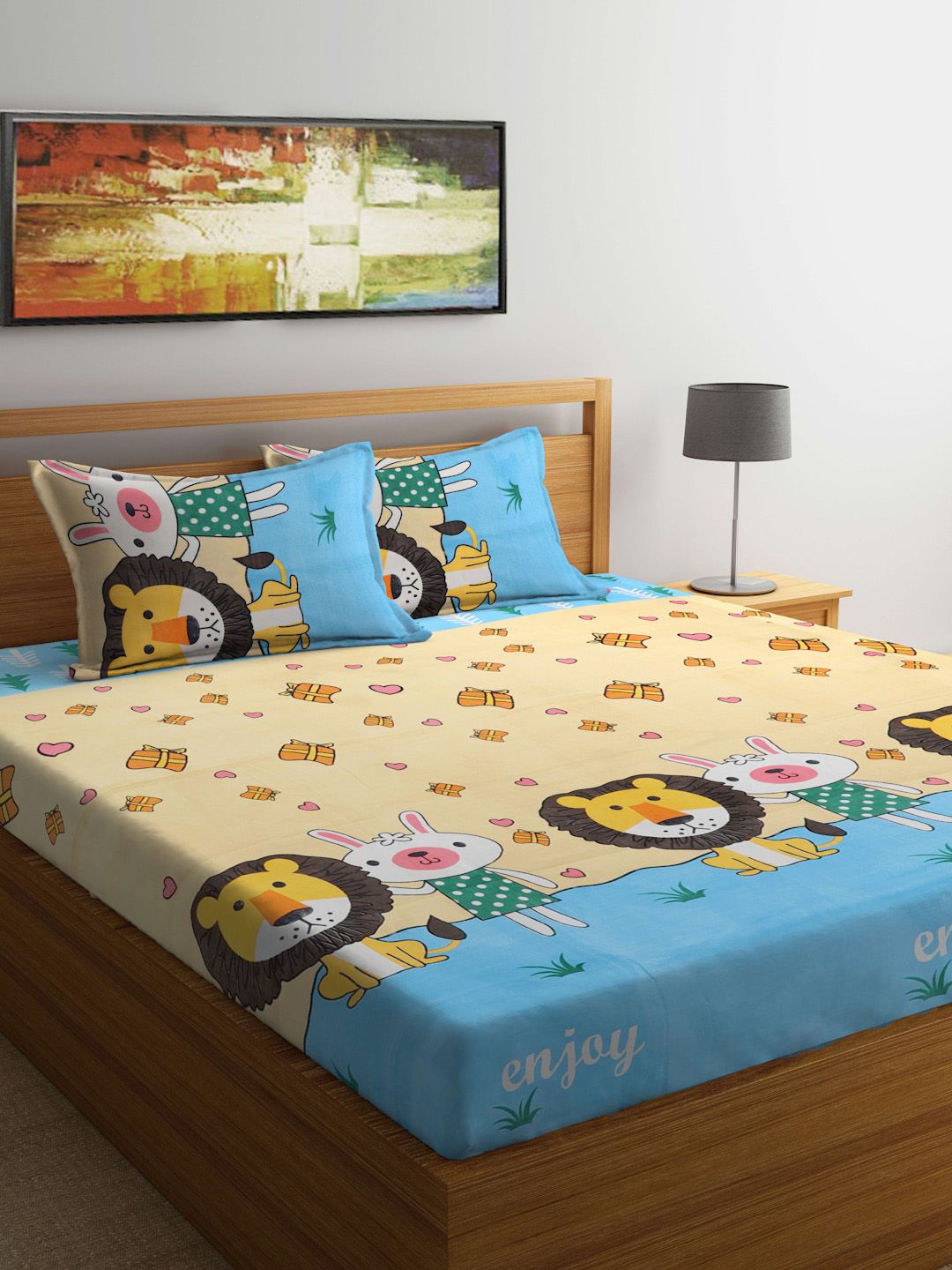 TAG 7 Beige & Blue Cartoon Characters 210 TC King Bedsheet with 2 Pillow Covers Price in India