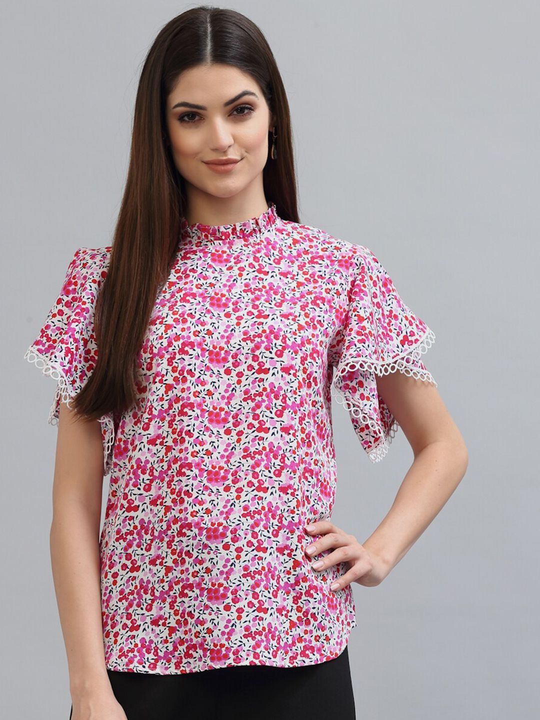 Style Quotient White & Pink Floral Print Crepe Shirt Style Top Price in India