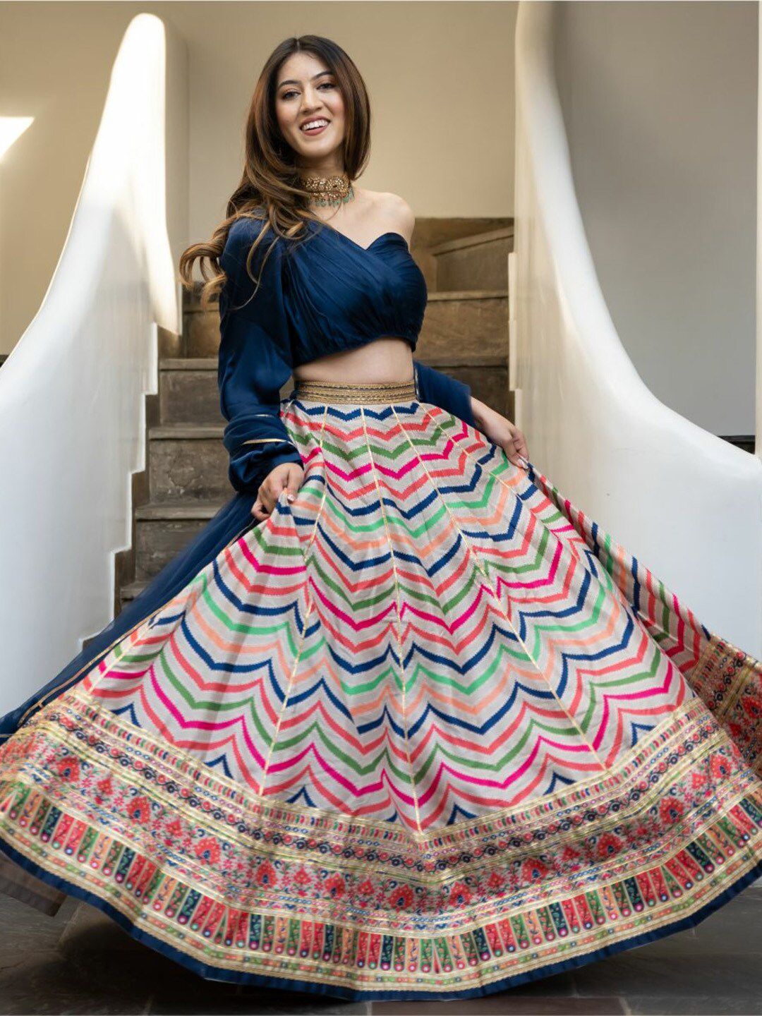 Lavanya The Label Multicoloured & Blue Ready to Wear Lehenga & Blouse With Dupatta Price in India