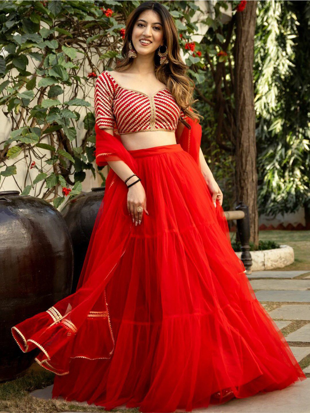 Lavanya The Label Red & Gold-Toned Embellished Ready to Wear Lehenga & Blouse With Dupatta Price in India