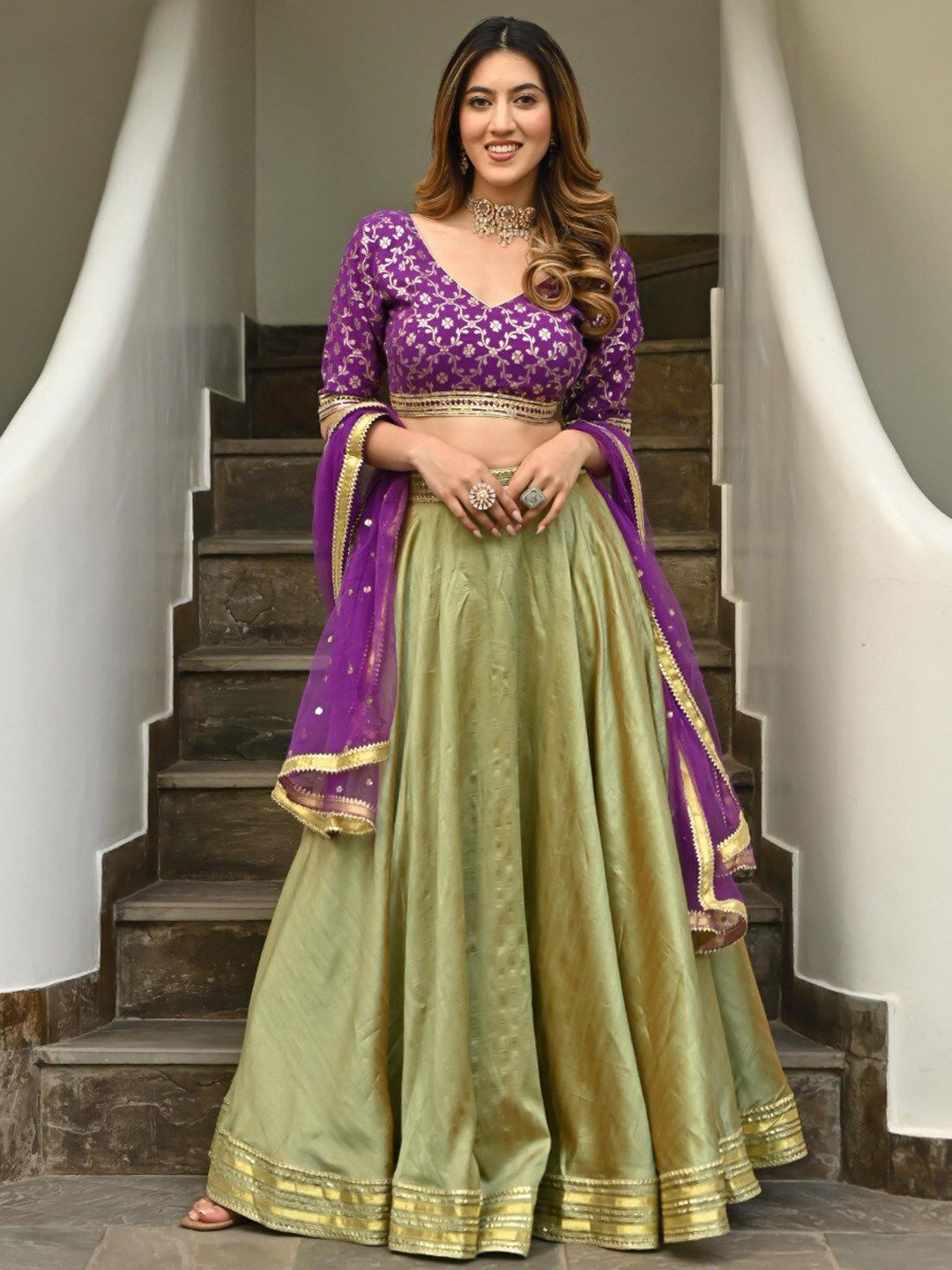 Lavanya The Label Women Green & Purple Ready to Wear Lehenga & Blouse With Dupatta Price in India