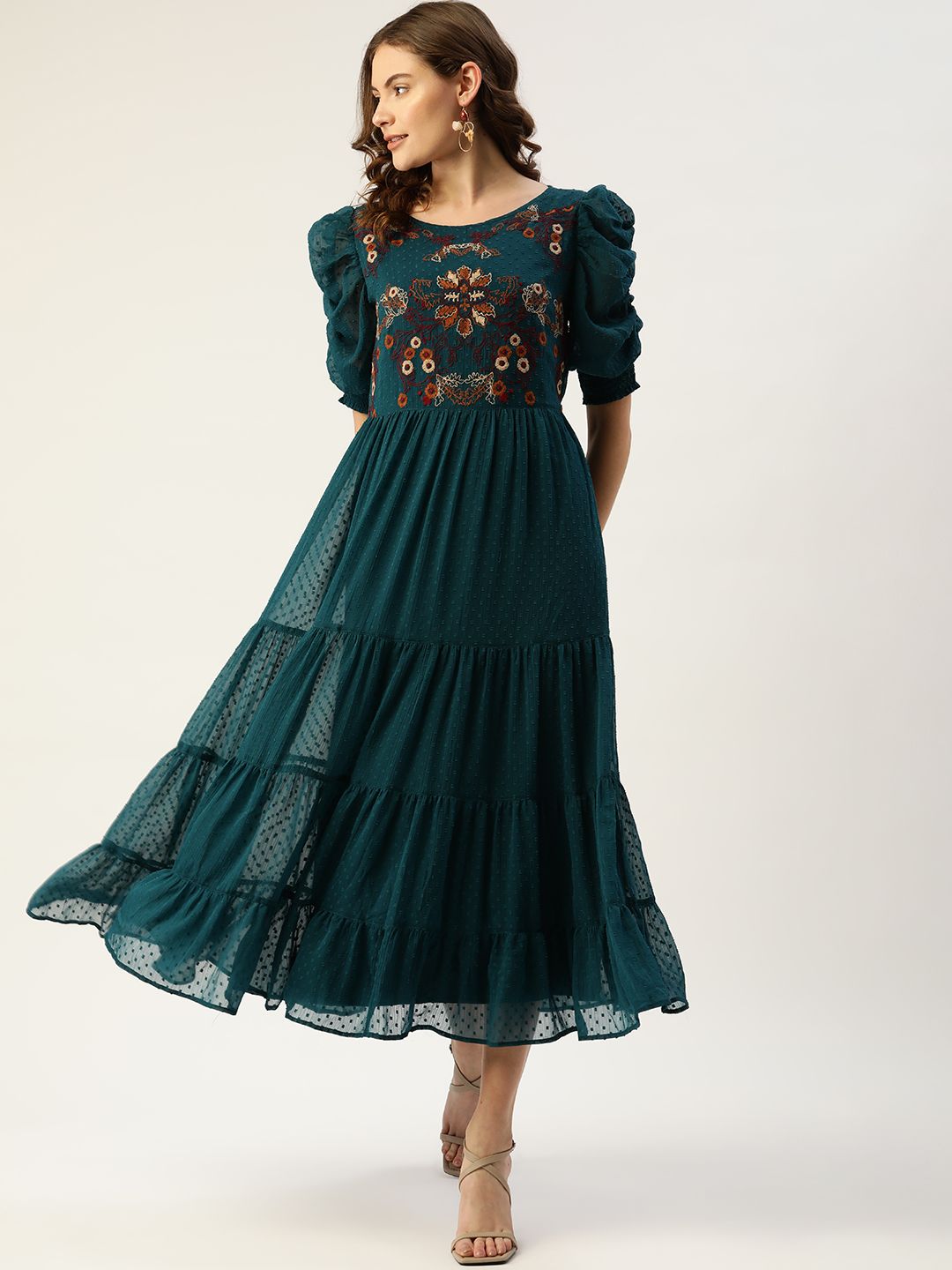 Antheaa Teal Green & Brown Floral Dobby Woven Embellished Maxi Tiered Dress Price in India