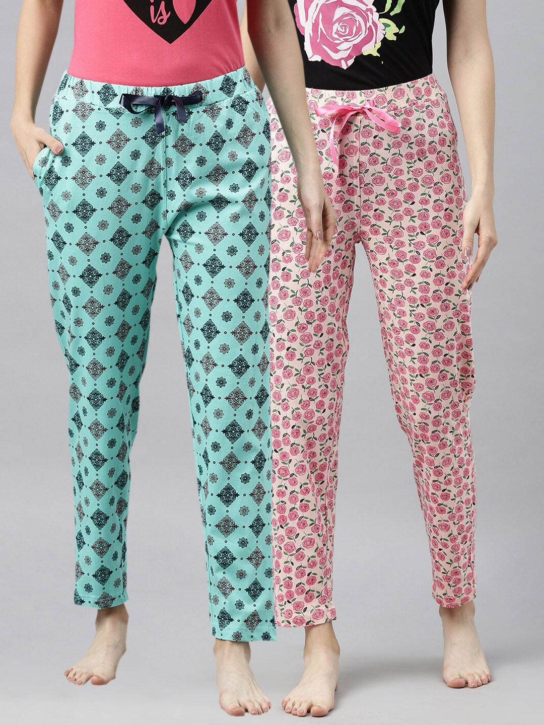 Enviously Young Pack of 2 Black and Pink Printed Lounge Pants Price in India