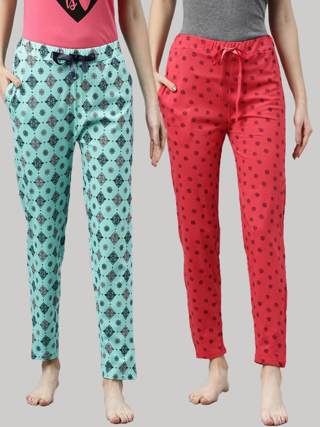 Enviously Young Women Pack Of 2 Sea Green & Fushia Printed Cotton Lounge Pants Price in India