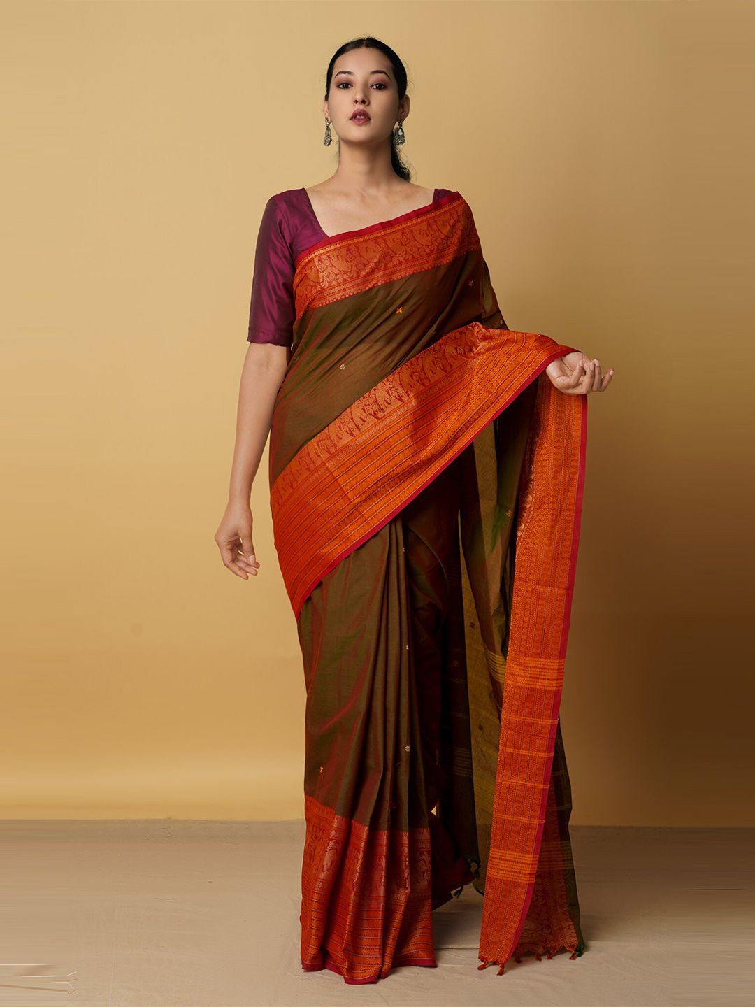 Unnati Silks Green & Red Woven Design Zari Pavani Pure Cotton Chettinad Saree Price in India