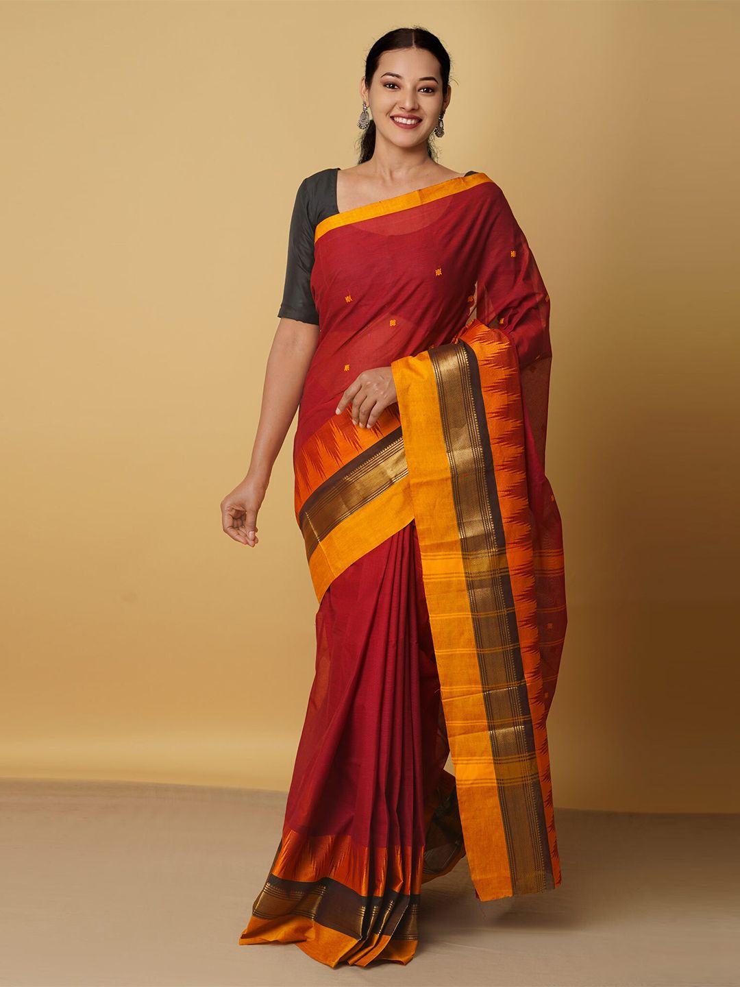 Unnati Silks Maroon & Gold-Toned Woven Design Zari Pure Cotton Chettinad Saree Price in India
