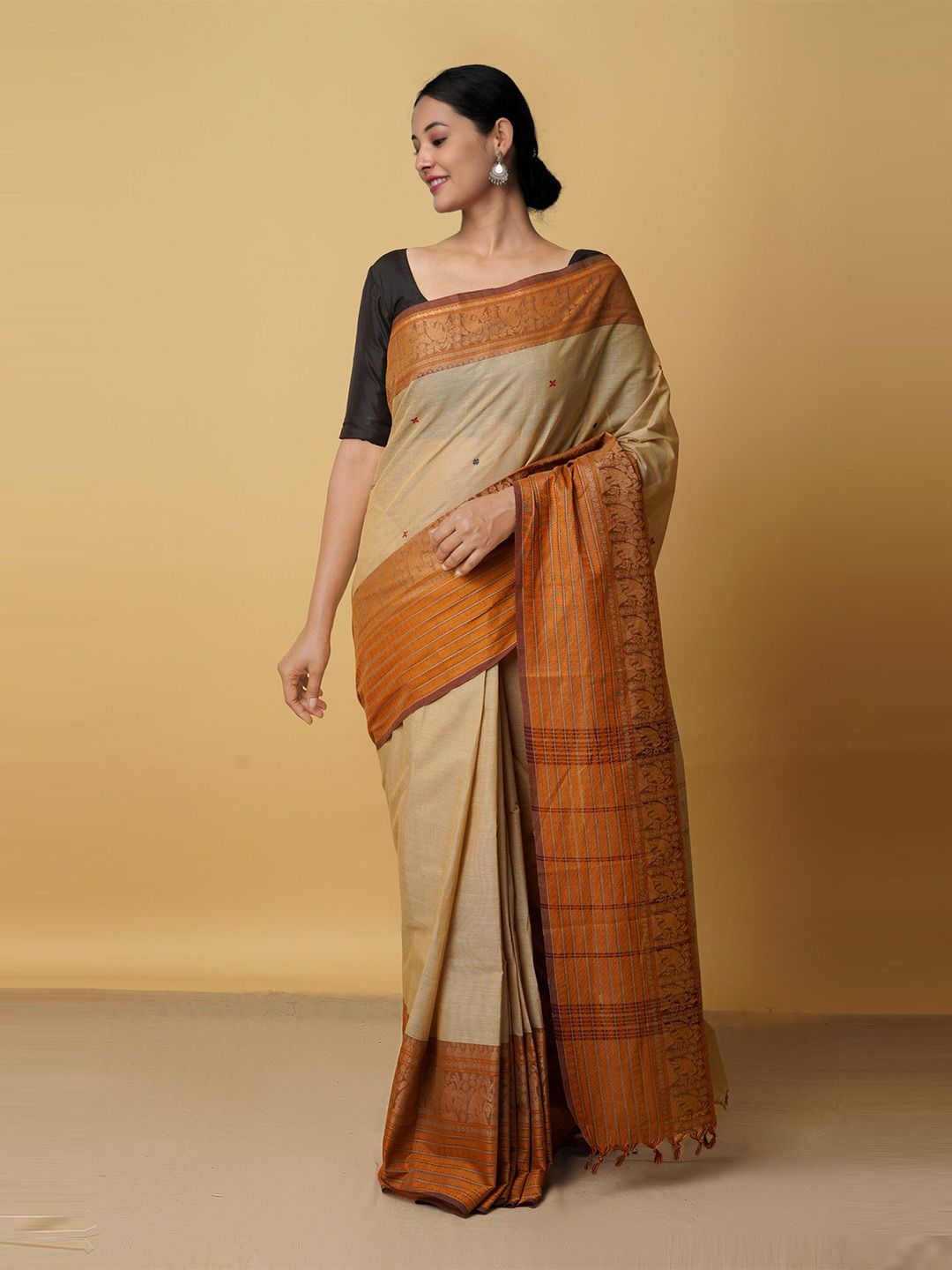 Unnati Silks Cream-Coloured & Yellow Woven Design Pure Cotton Chettinad Saree Price in India