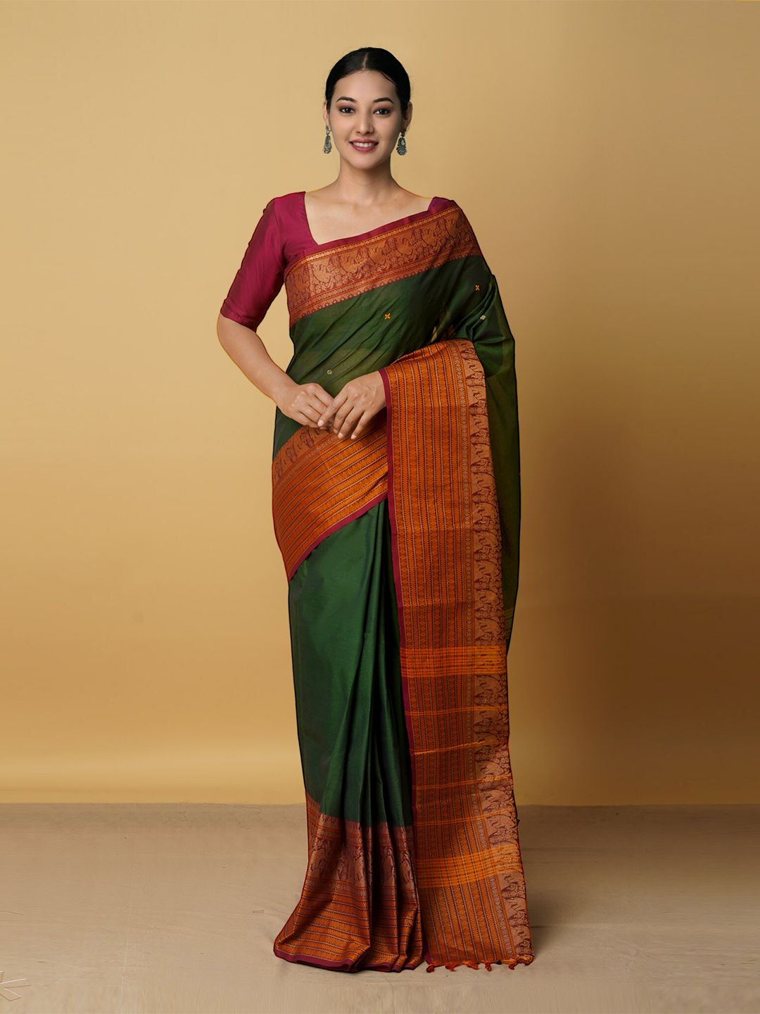 Unnati Silks Green & Maroon Woven Design Pure Cotton Chettinad Saree Price in India