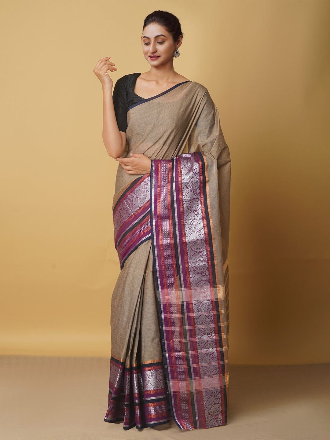 Unnati Silks Brown & Magenta Woven Design Zari Pure Cotton Chettinad Saree Price in India