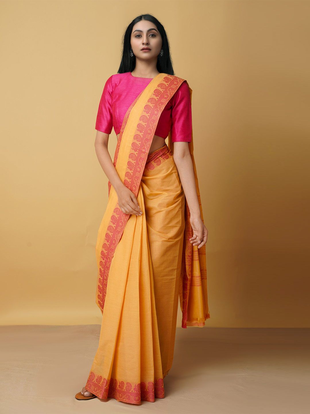Unnati Silks Orange & Pink Woven Design Pure Cotton Kanjeevaram Saree Price in India