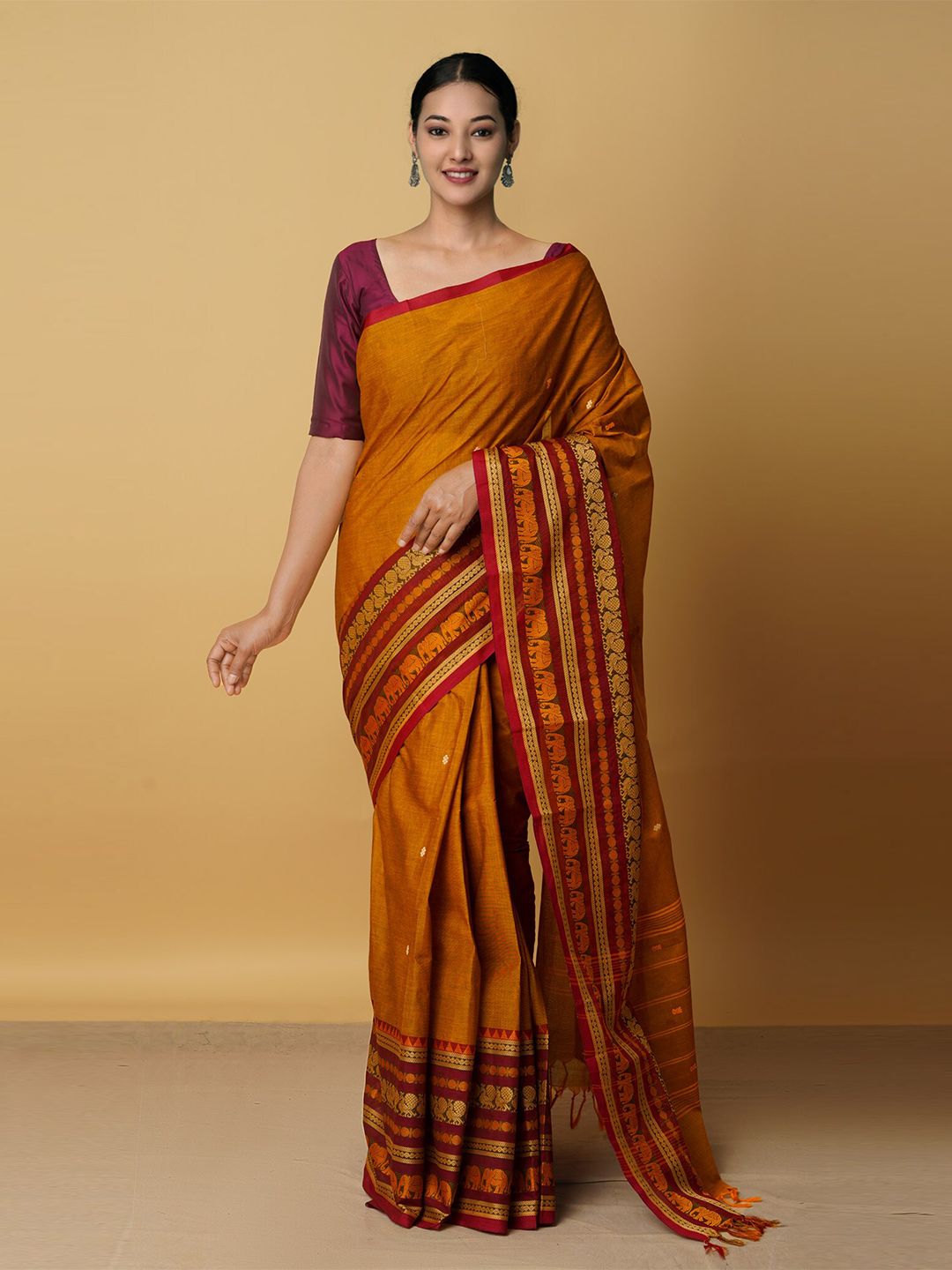 Unnati Silks Brown & Yellow Woven Design Pure Cotton Chettinad Saree Price in India