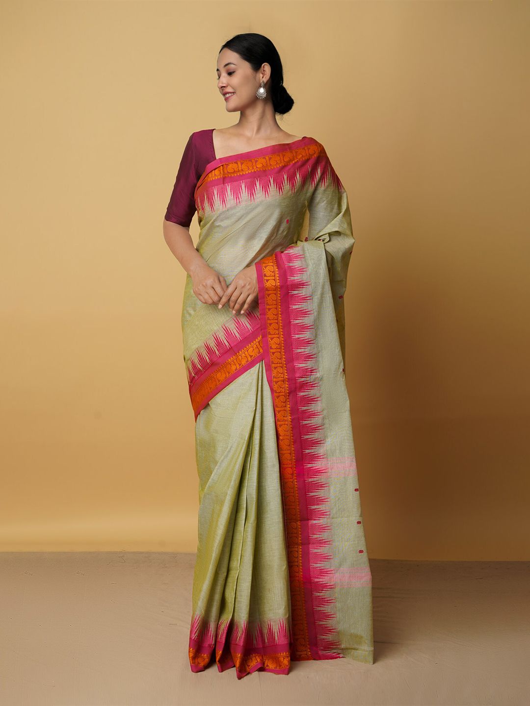 Unnati Silks Women Green & Pink Woven Design Pure Cotton Chettinad Saree Price in India