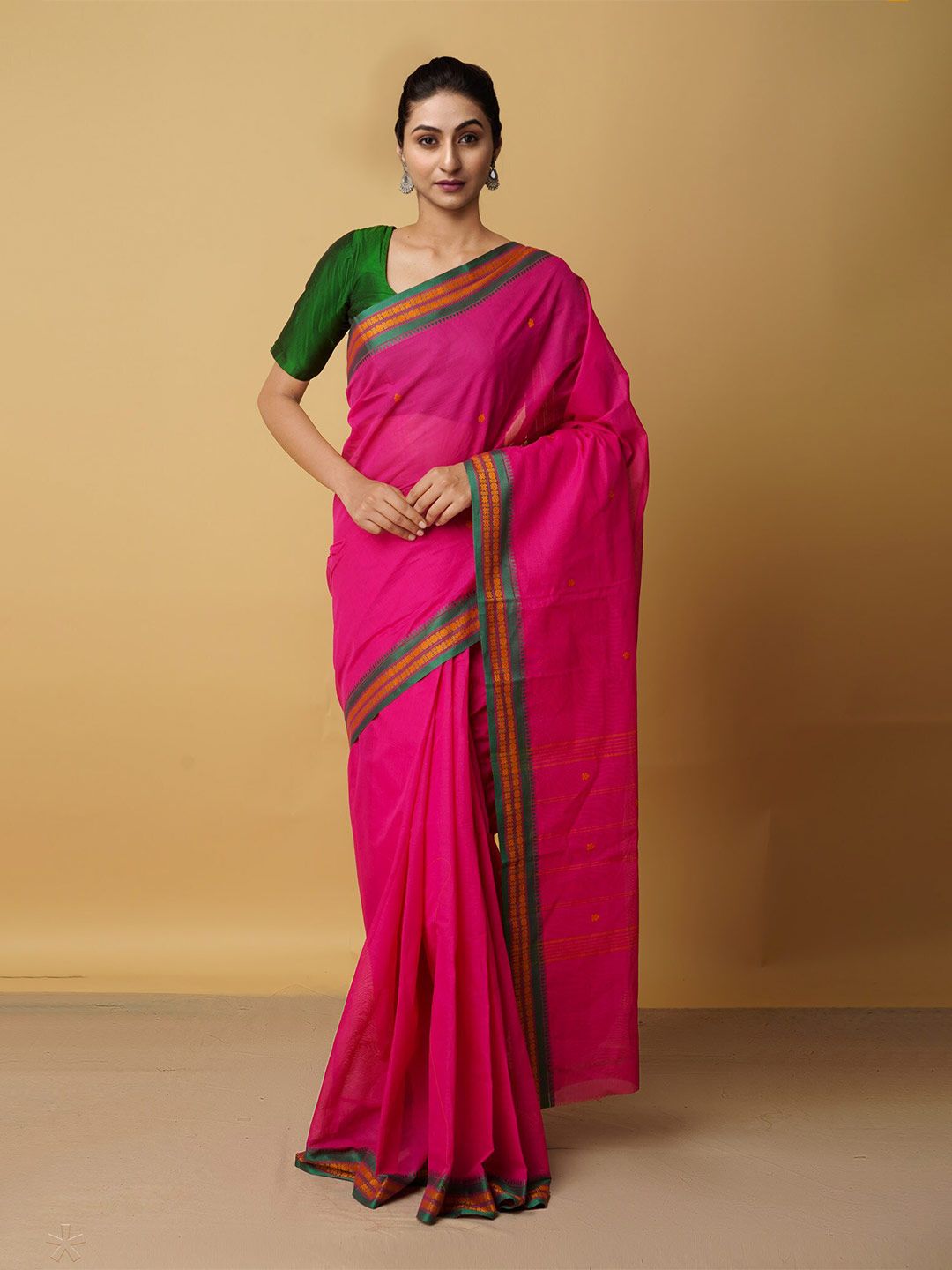 Unnati Silks Women Pink & Green Woven Design Pure Cotton Chettinad Saree Price in India